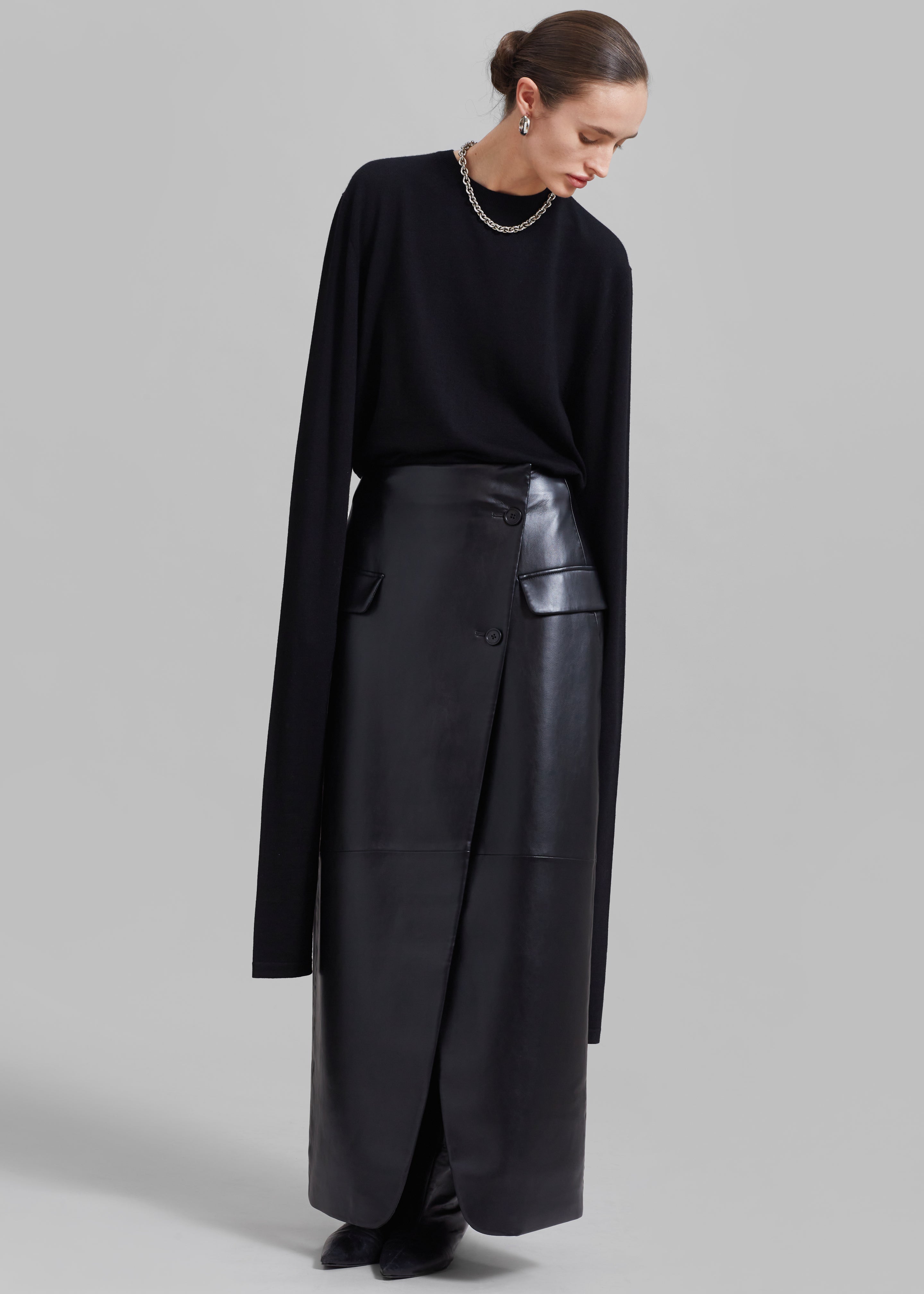 Nan Long Faux Leather Cross Skirt - Black - 7