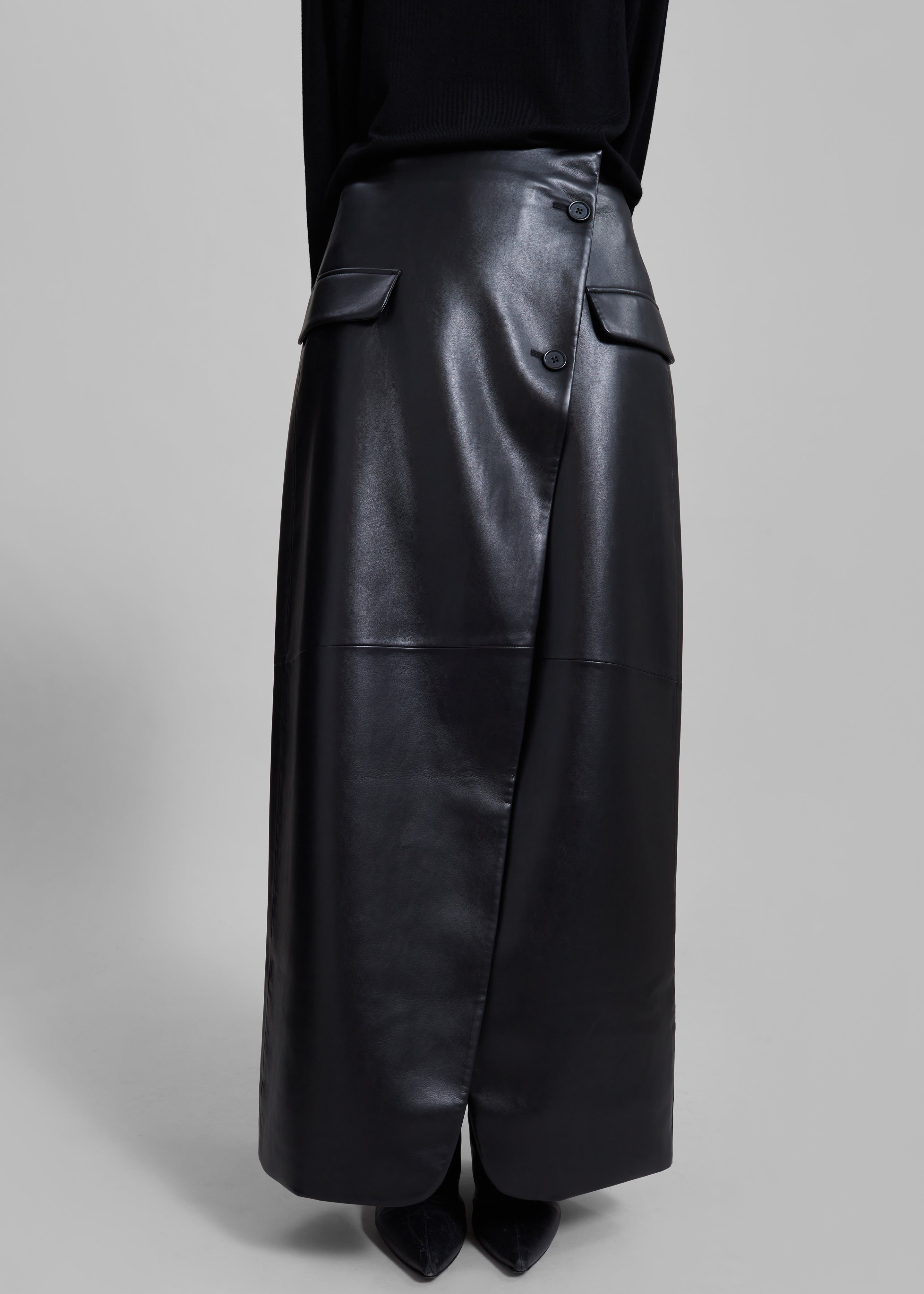 Nan Long Faux Leather Cross Skirt - Black