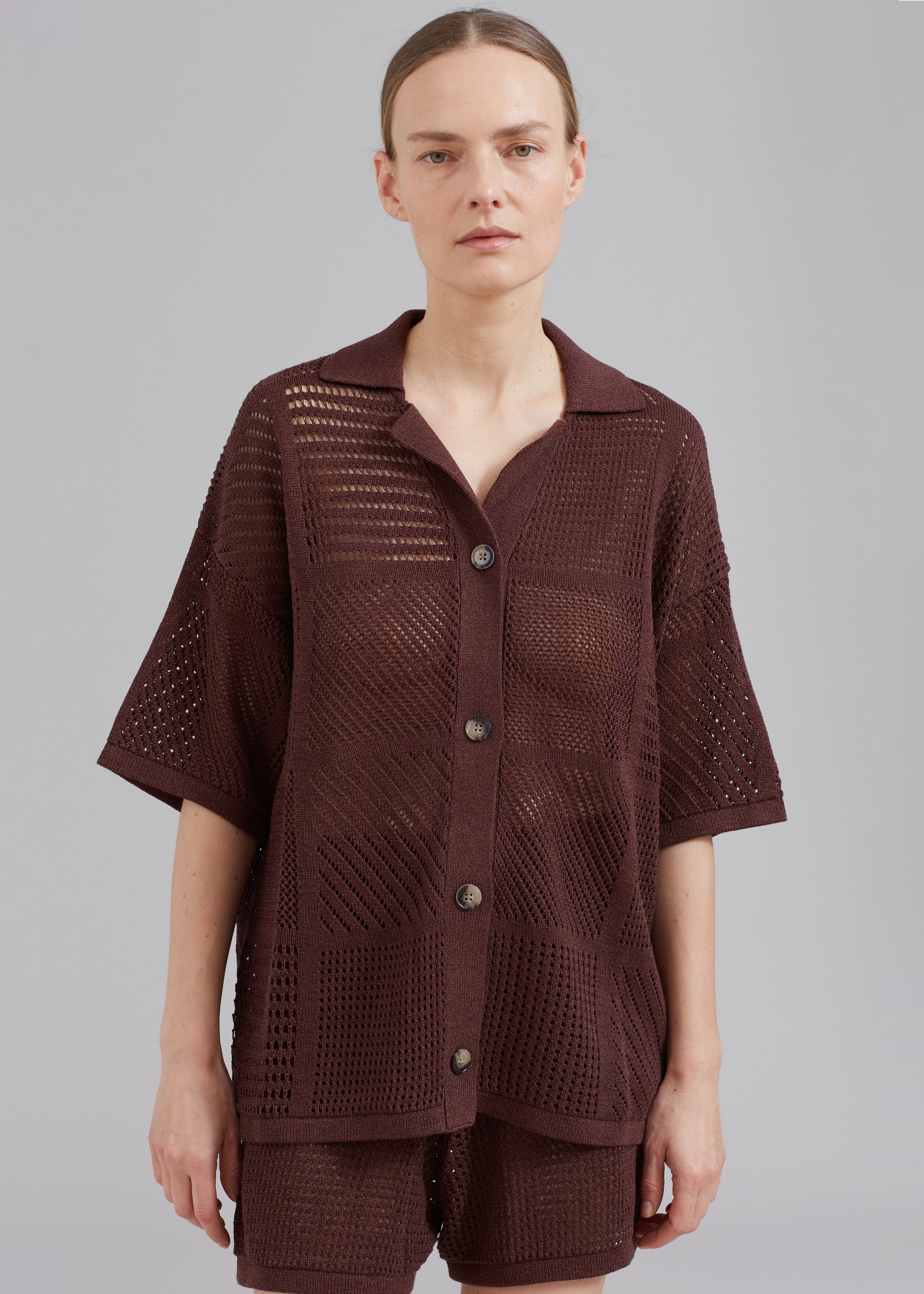 Nanushka Talissa Knitted Crochet Shirt - Coffee Bean - 1