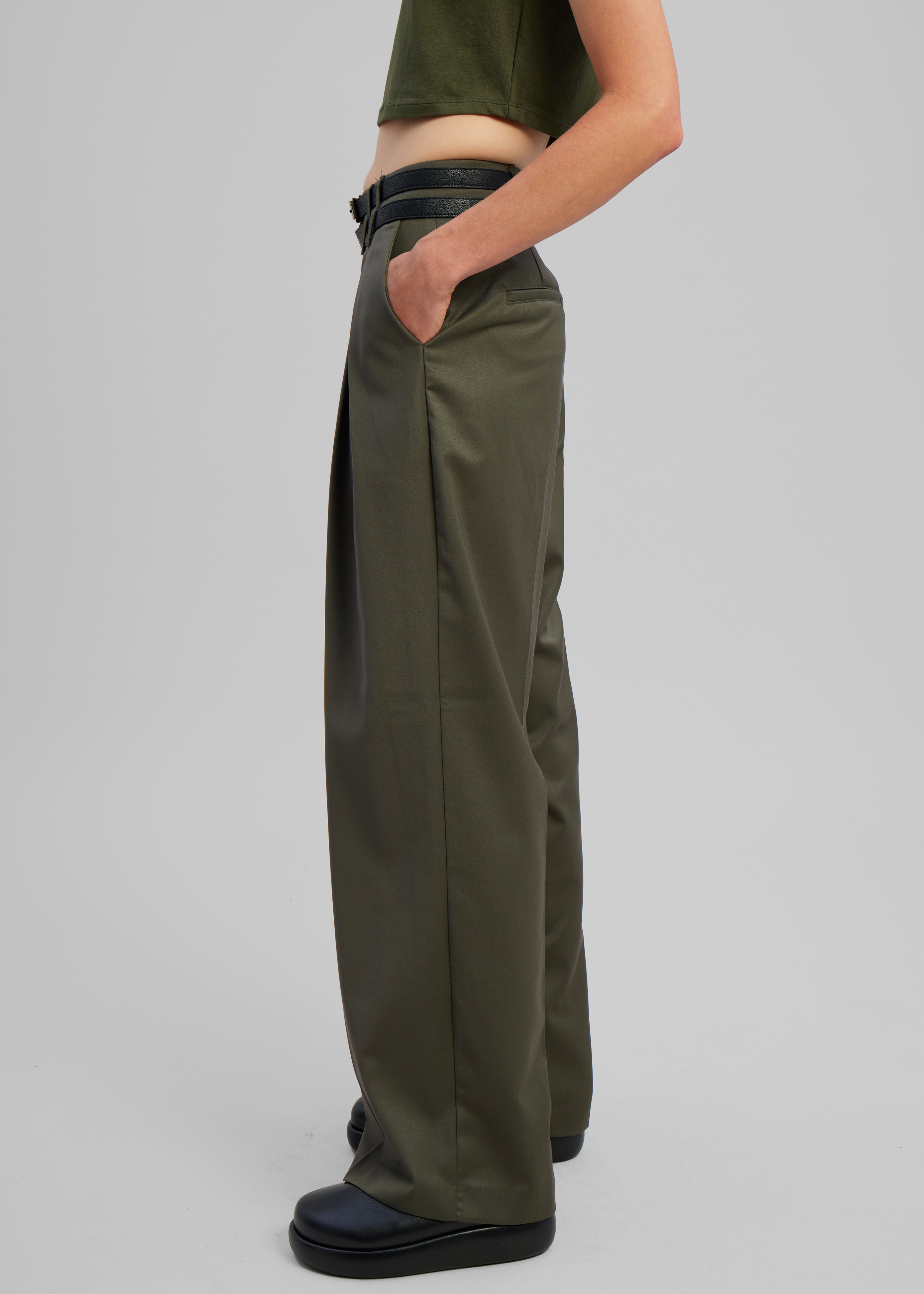 Nellie Belted Pleated Pants - Olive - 5