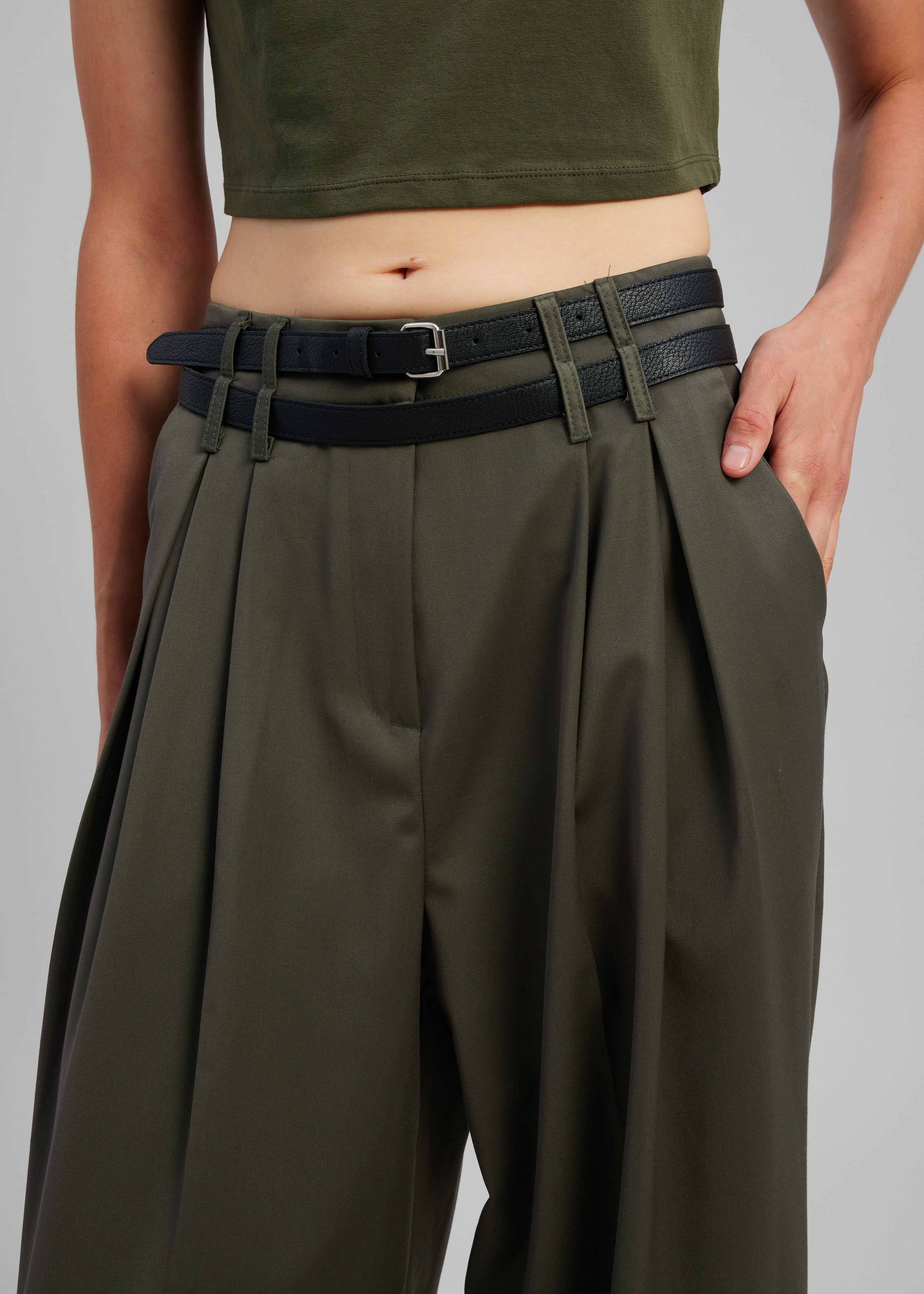Nellie Belted Pleated Pants - Olive - 3