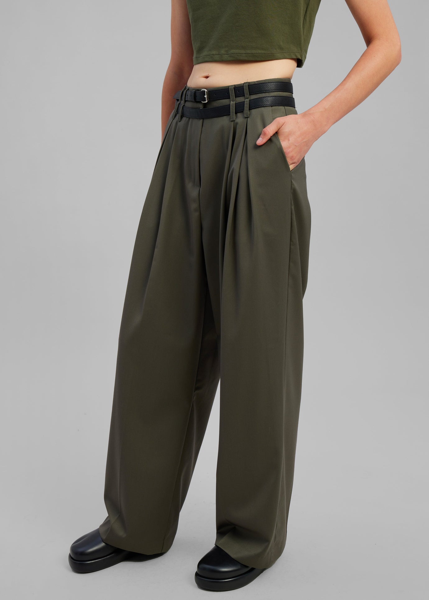 Nellie Belted Pleated Pants - Olive - 1