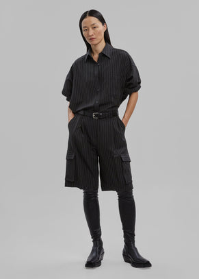 Omoka Cargo Trouser Shorts - Black Pinstripe