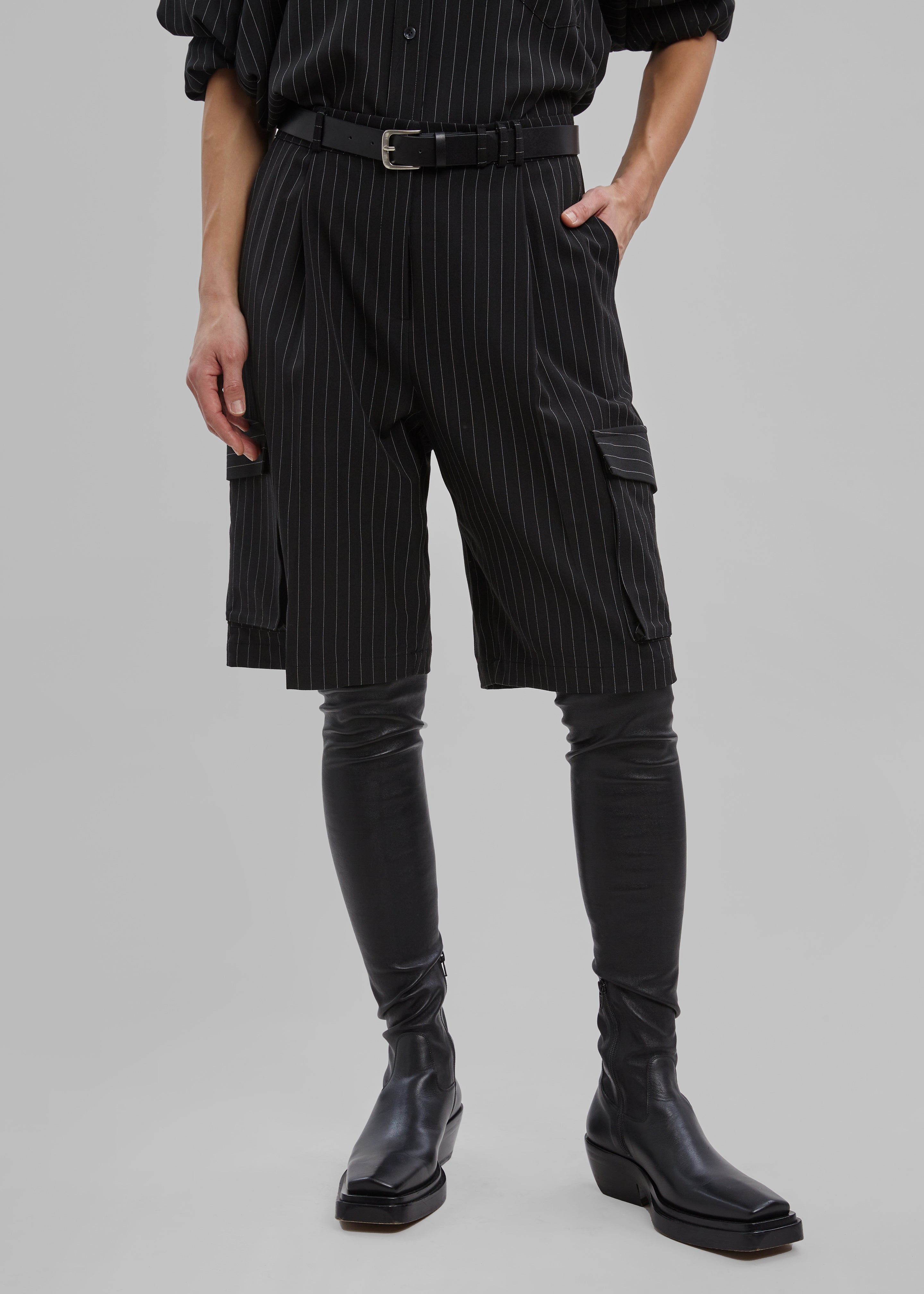 Omoka Cargo Trouser Shorts - Black Pinstripe - 2
