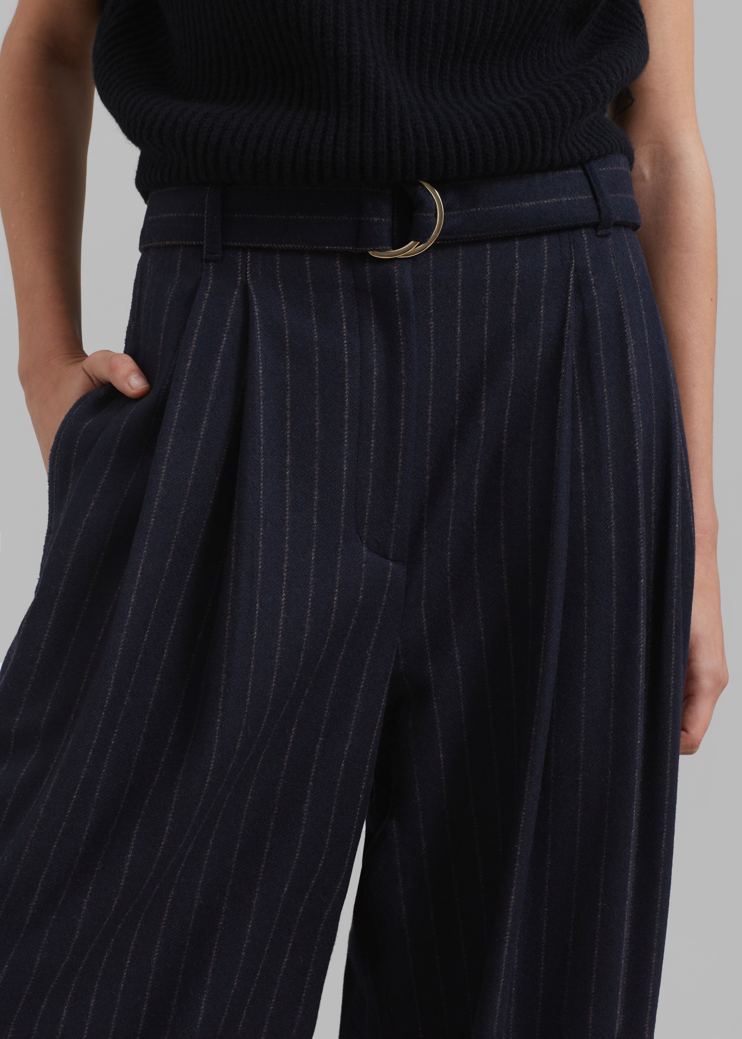 3.1 Phillip Lim Flannel Oversized Pleated Belted Pants - Midnight Khaki Stripe - 3