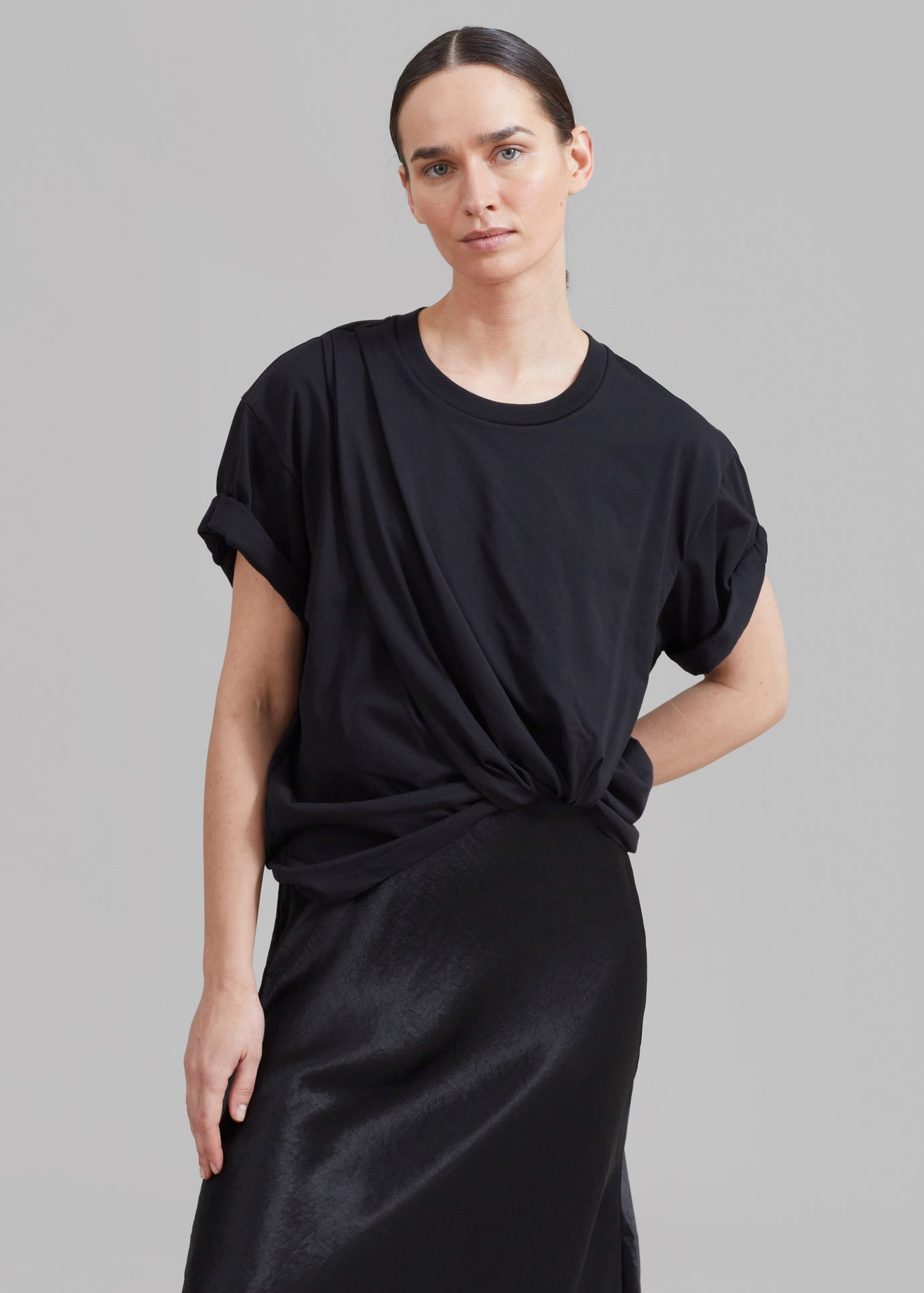 3.1 Phillip Lim Draped T-Shirt Slip Combo Dress - Black-White Multi - 1