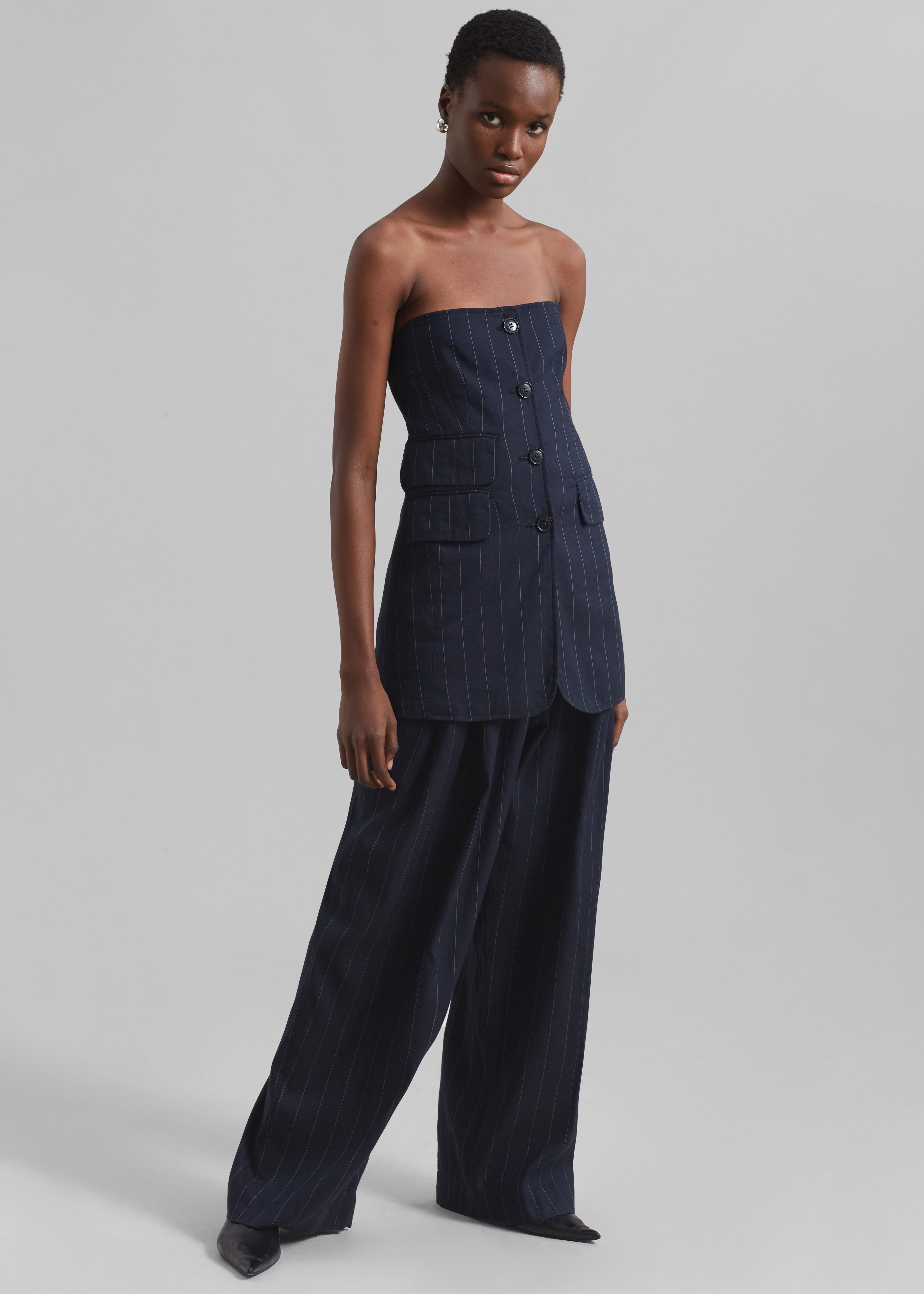 Piper Pleated Trousers - Navy/Beige Pinstripe - 2
