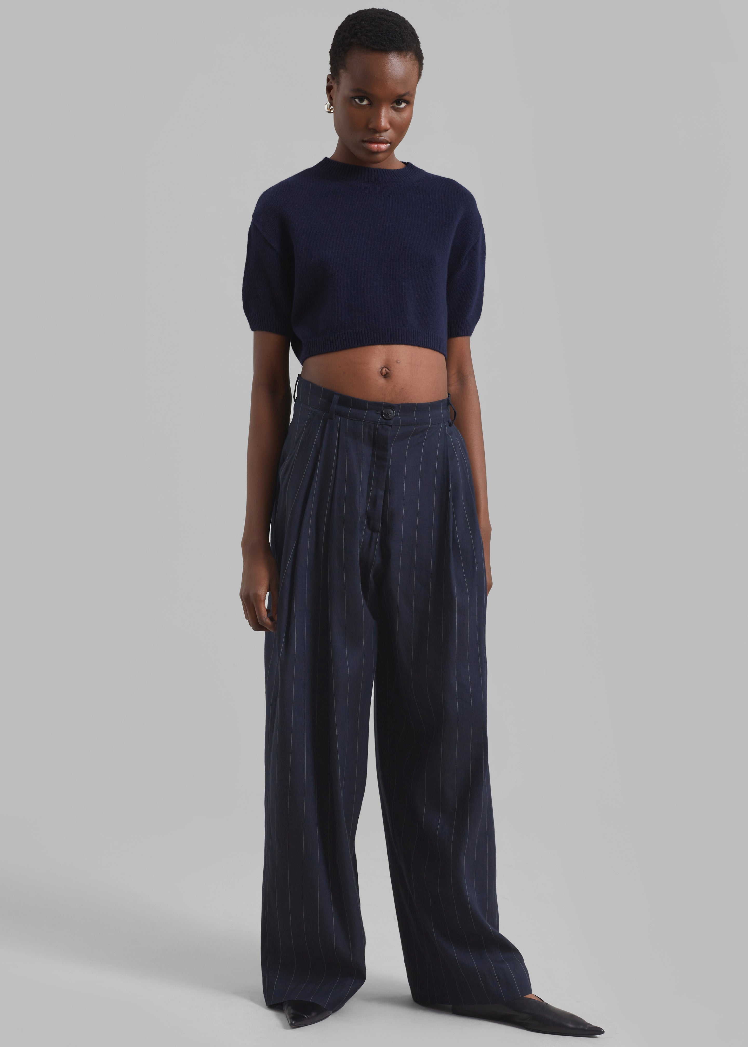 Piper Pleated Trousers - Navy/Beige Pinstripe - 4