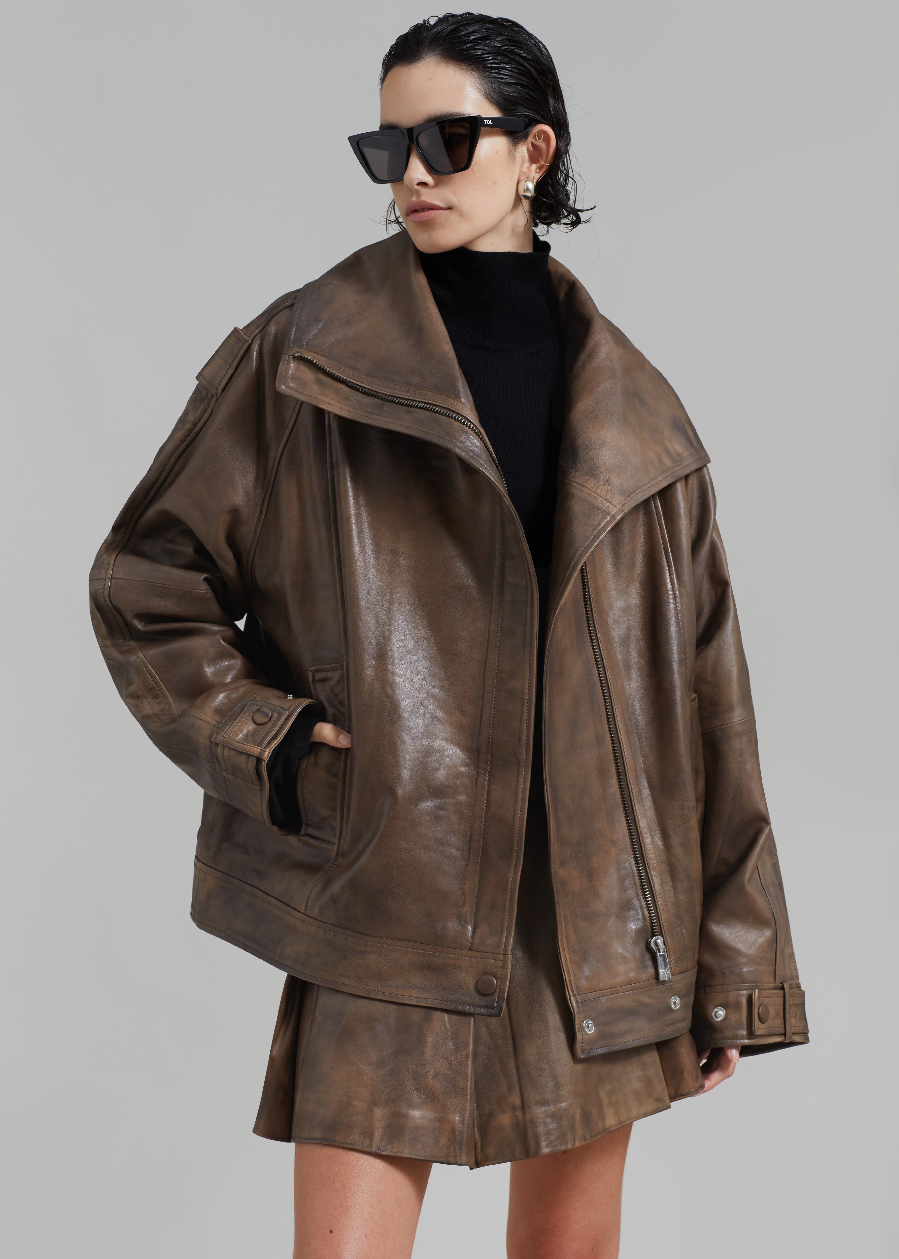REMAIN Leather Oversized Jacket - Brown Sugar Comb - 1