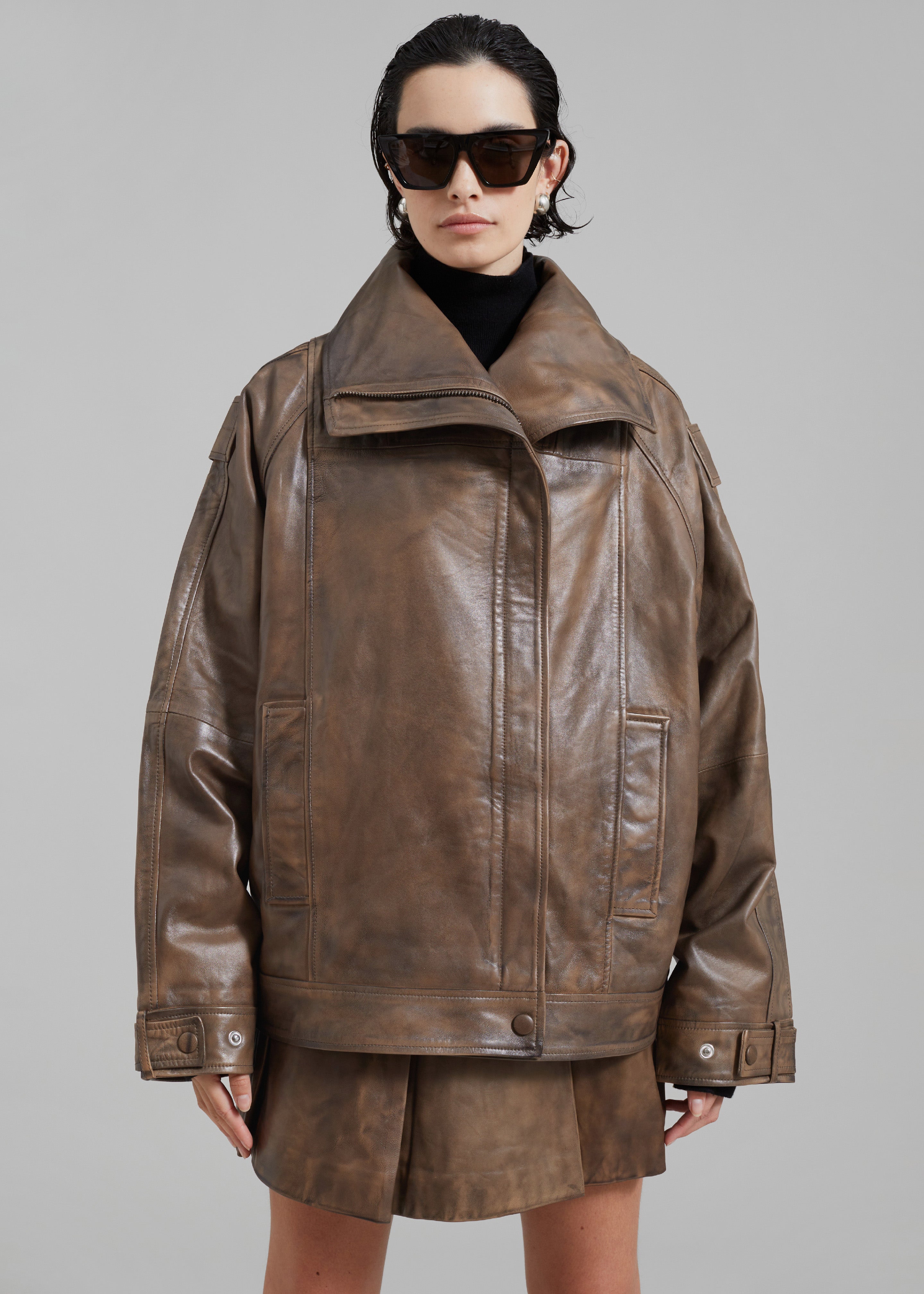 REMAIN Leather Oversized Jacket - Brown Sugar Comb - 4