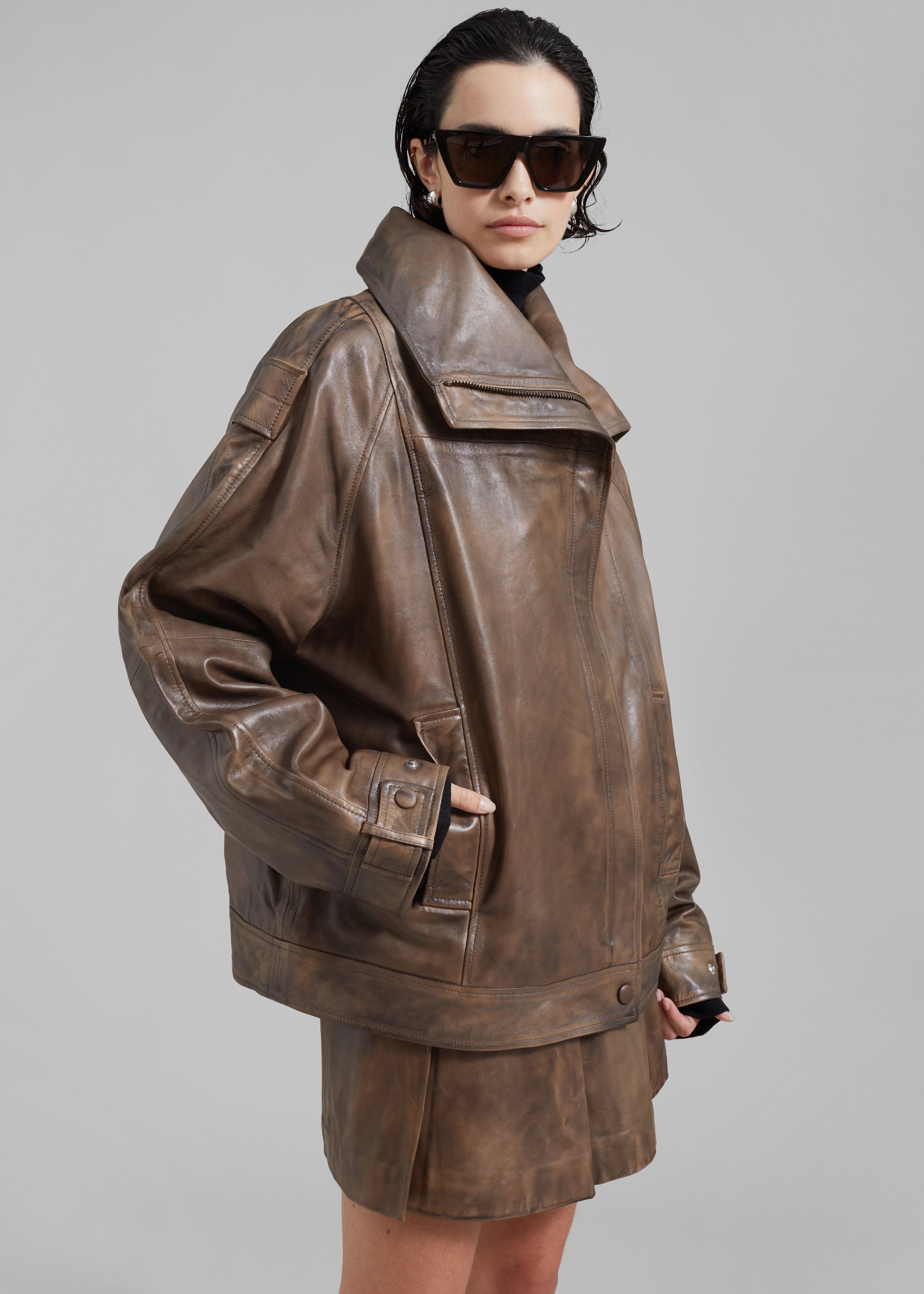 REMAIN Leather Oversized Jacket - Brown Sugar Comb - 6