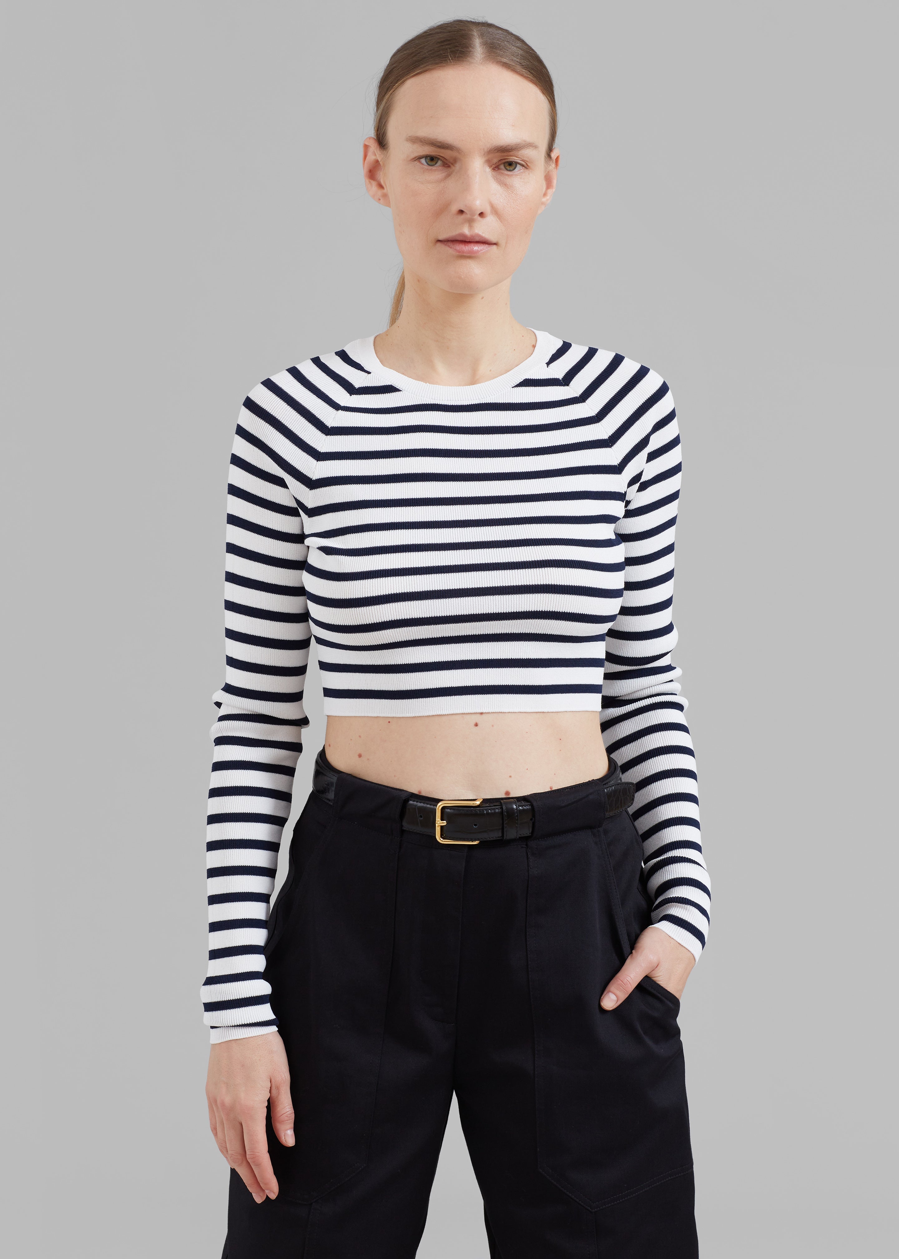 REMAIN Striped Knit Cropped Top - White Print - 6