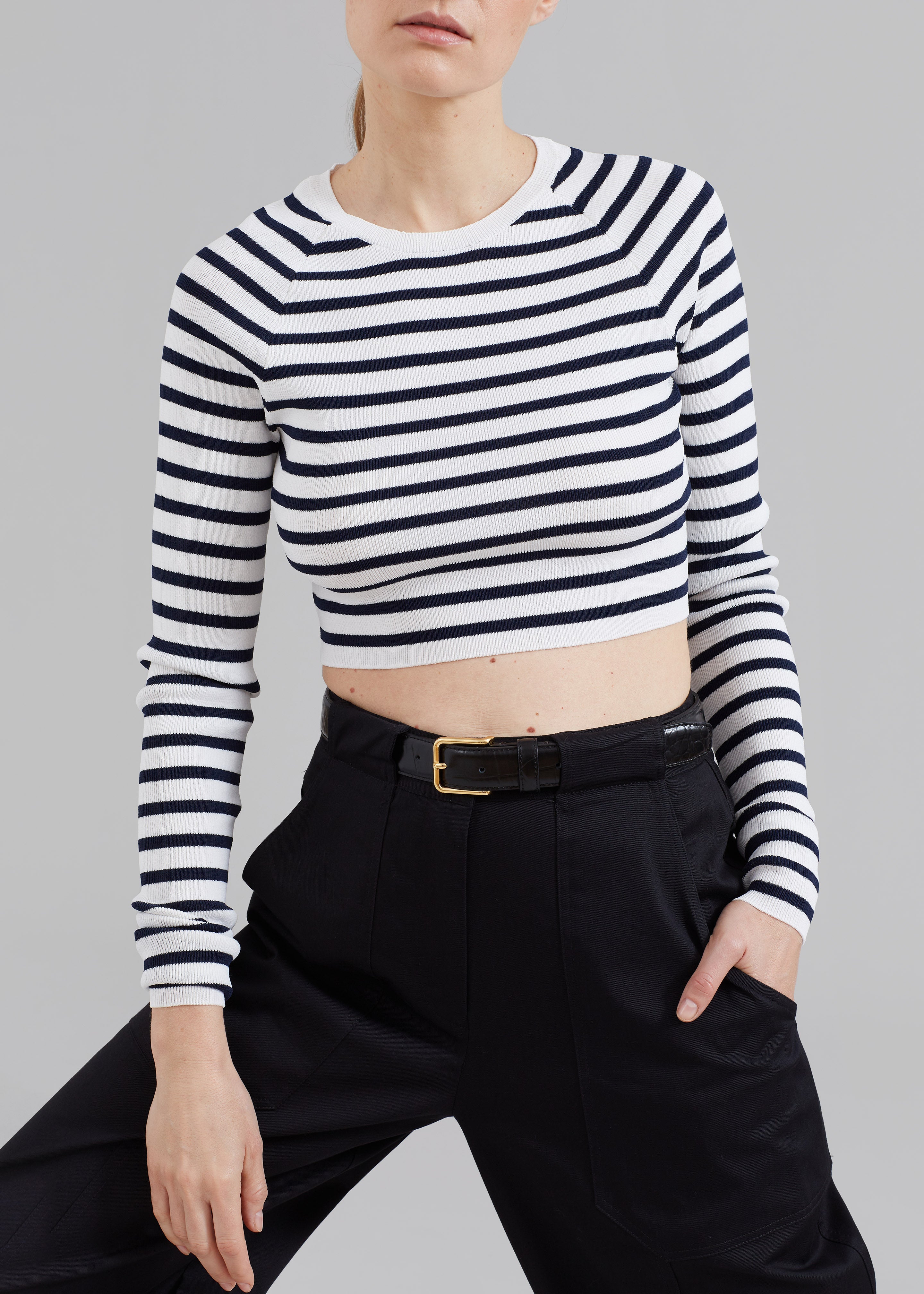 REMAIN Striped Knit Cropped Top - White Print - 2