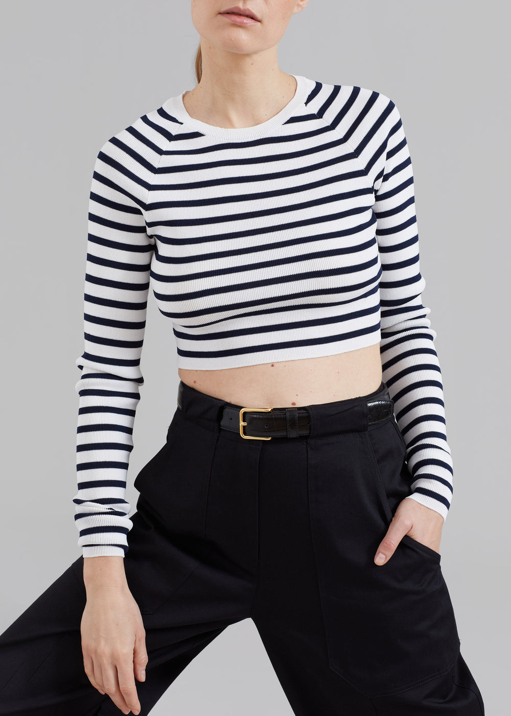 REMAIN Striped Knit Cropped Top - White Print - 1