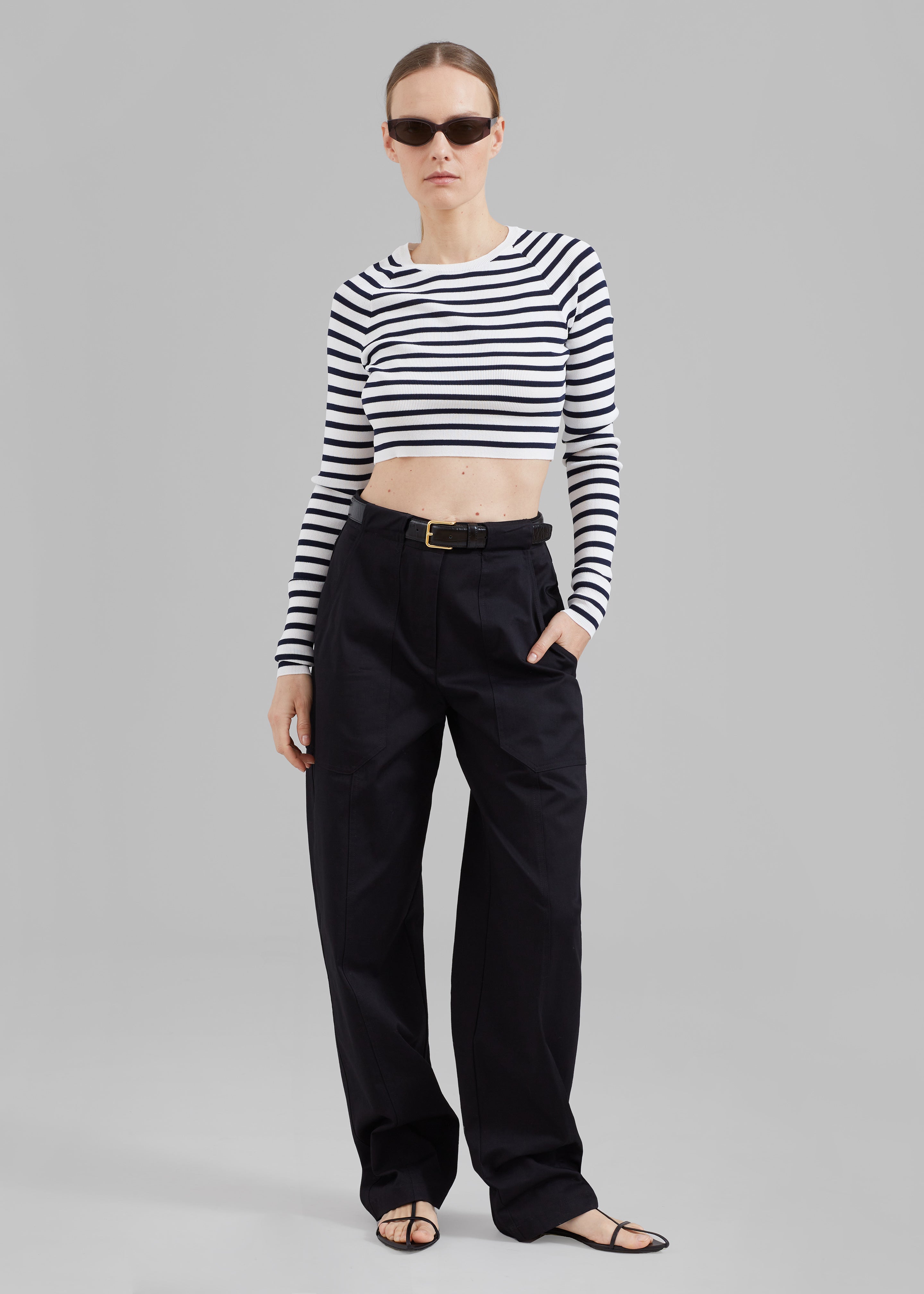 REMAIN Striped Knit Cropped Top - White Print - 3