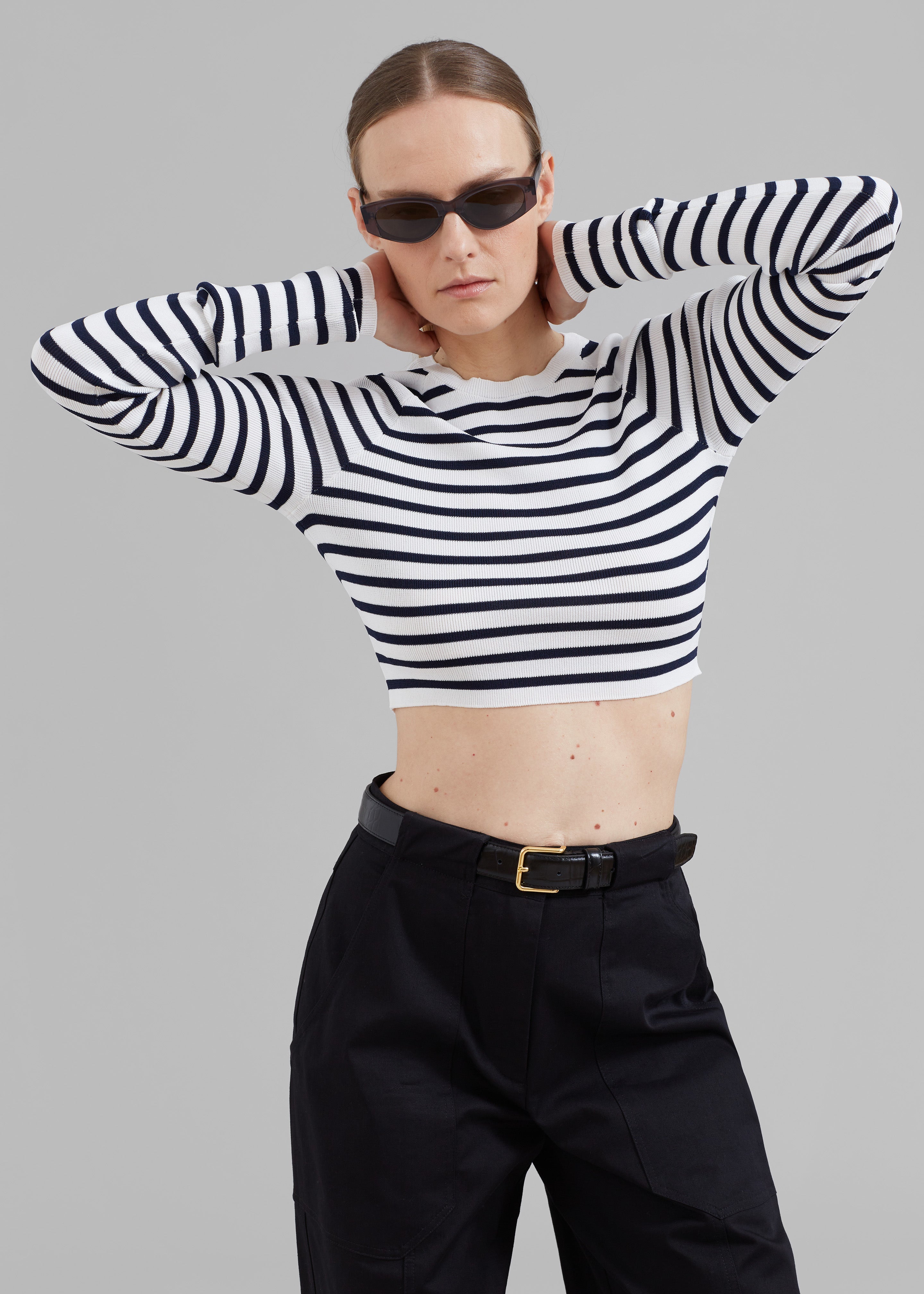 REMAIN Striped Knit Cropped Top - White Print - 4