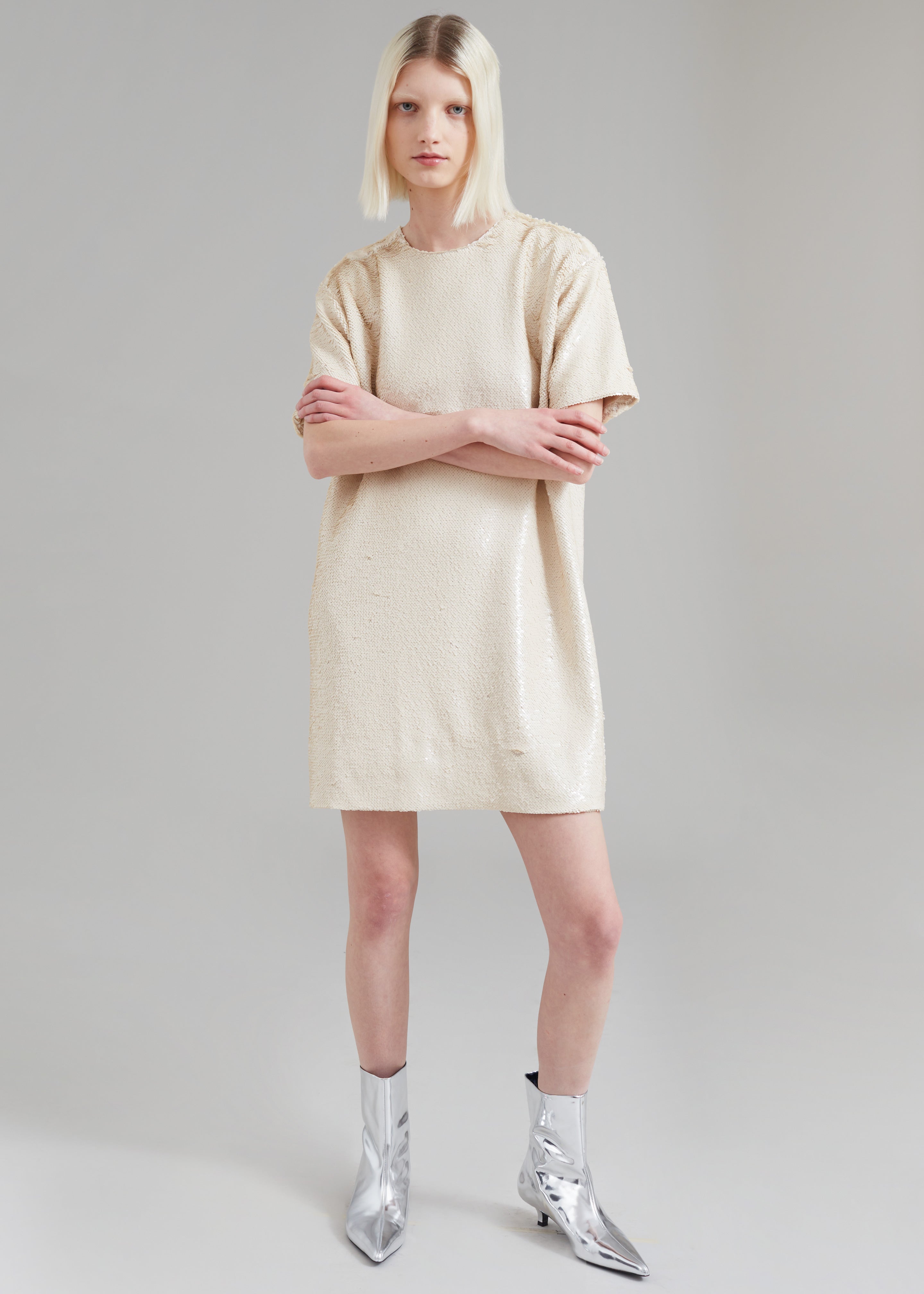 Riley Sequins Tee Mini Dress - Cream - 5
