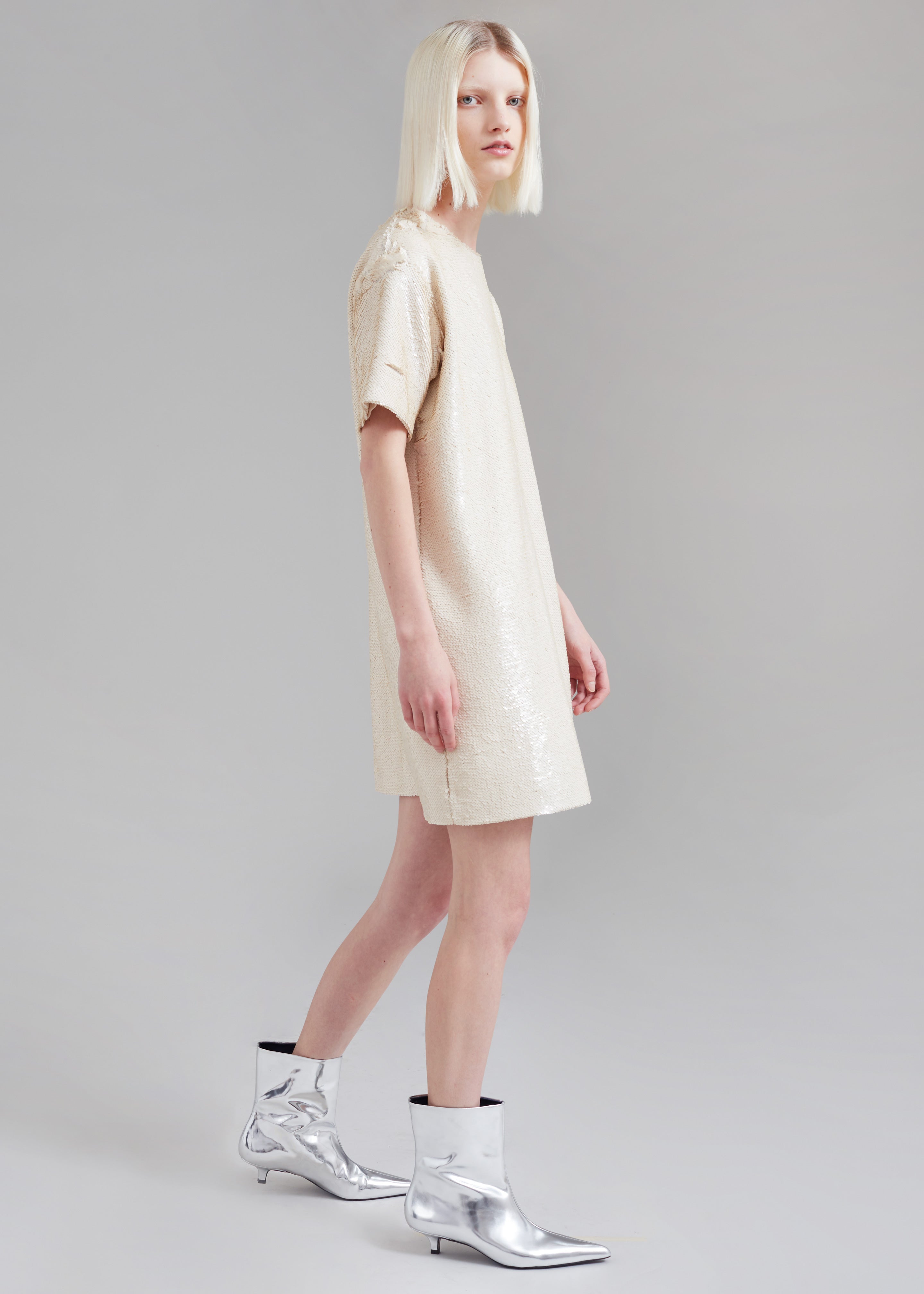 Riley Sequins Tee Mini Dress - Cream - 2