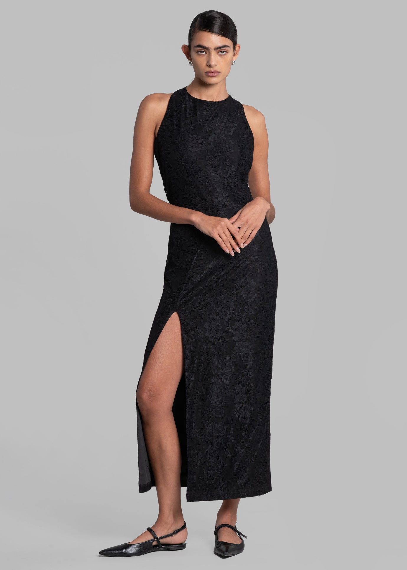 ROTATE Mesh Lace Slit Dress - Black - 1