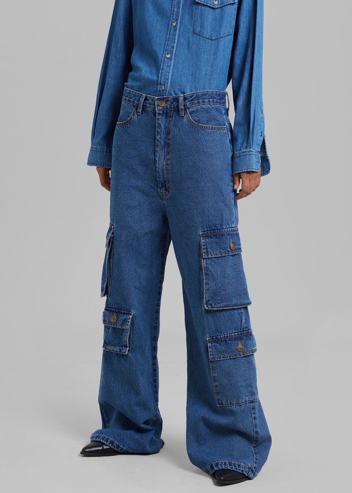 Hailey Denim Oversized Cargo Pants - Medium Wash - 3