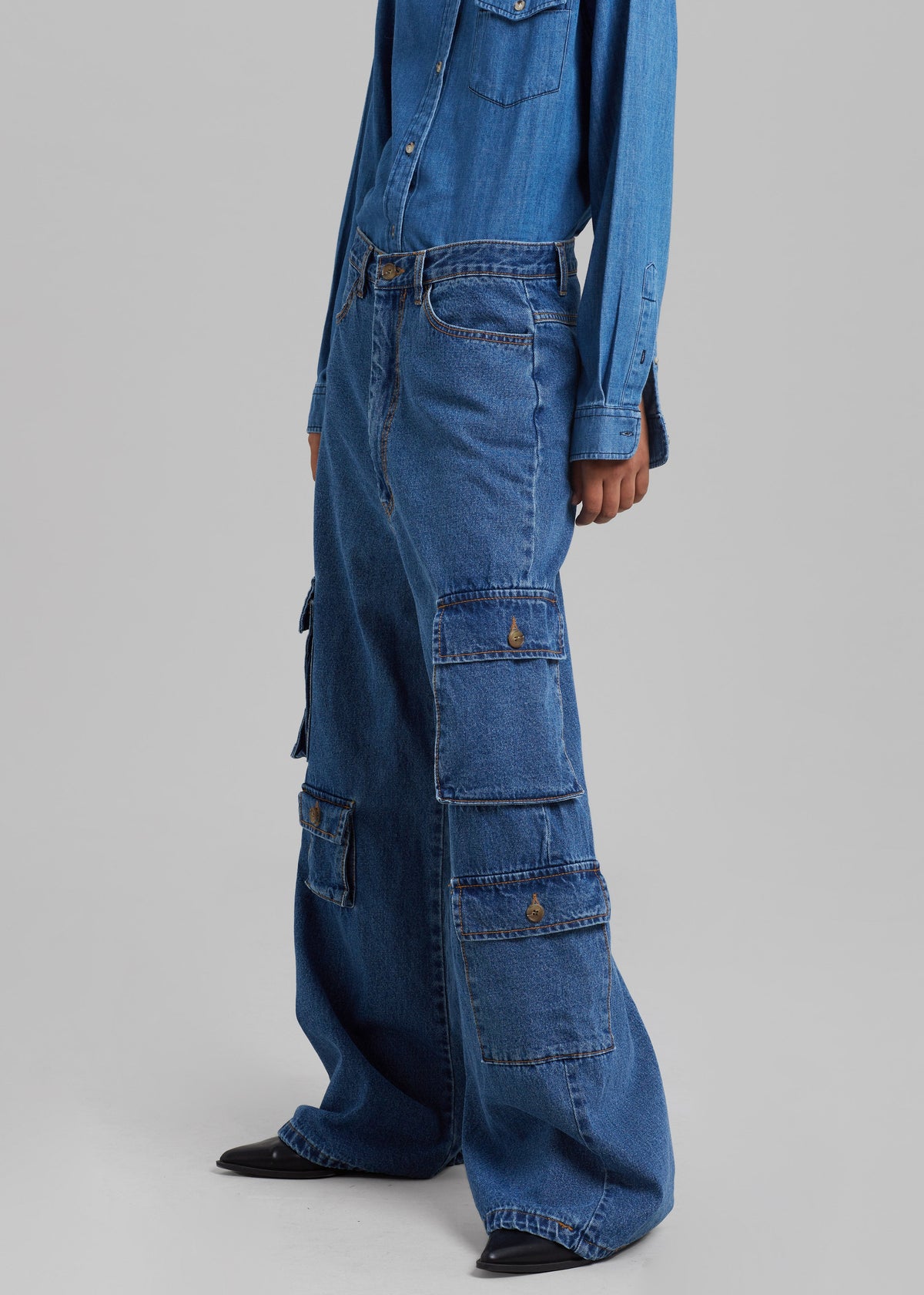 Hailey Denim Oversized Cargo Pants - Medium Wash - 2