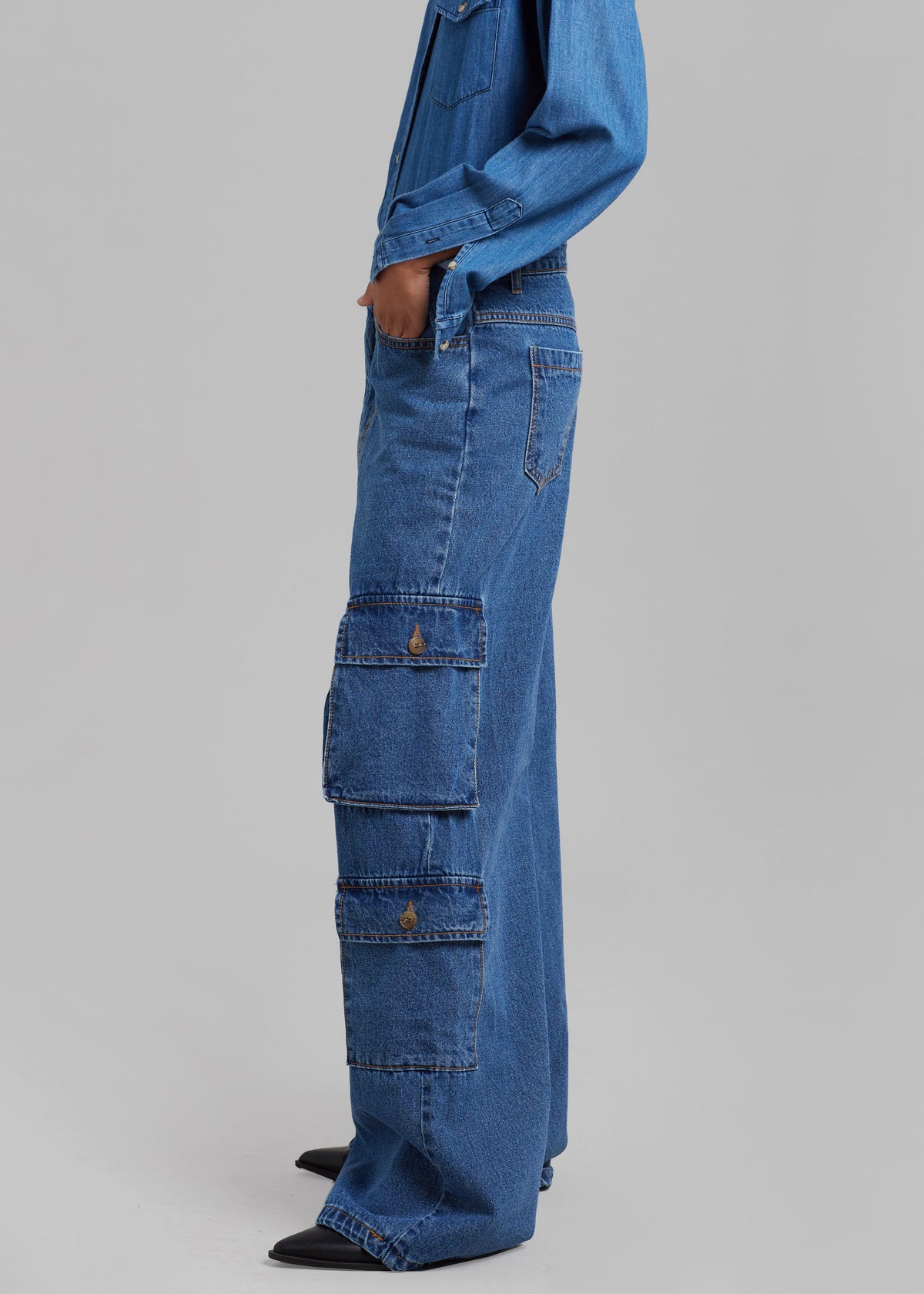 Hailey Denim Oversized Cargo Pants - Medium Wash - 7