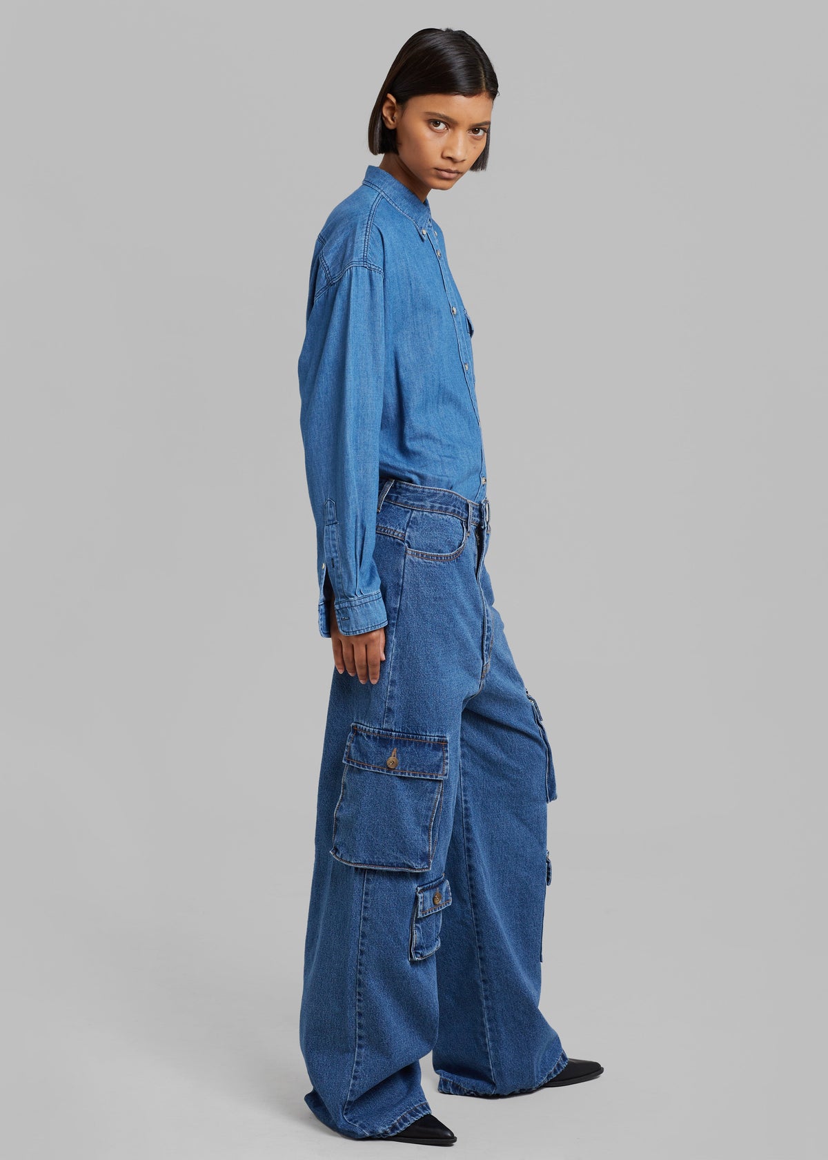 Hailey Denim Oversized Cargo Pants - Medium Wash - 6