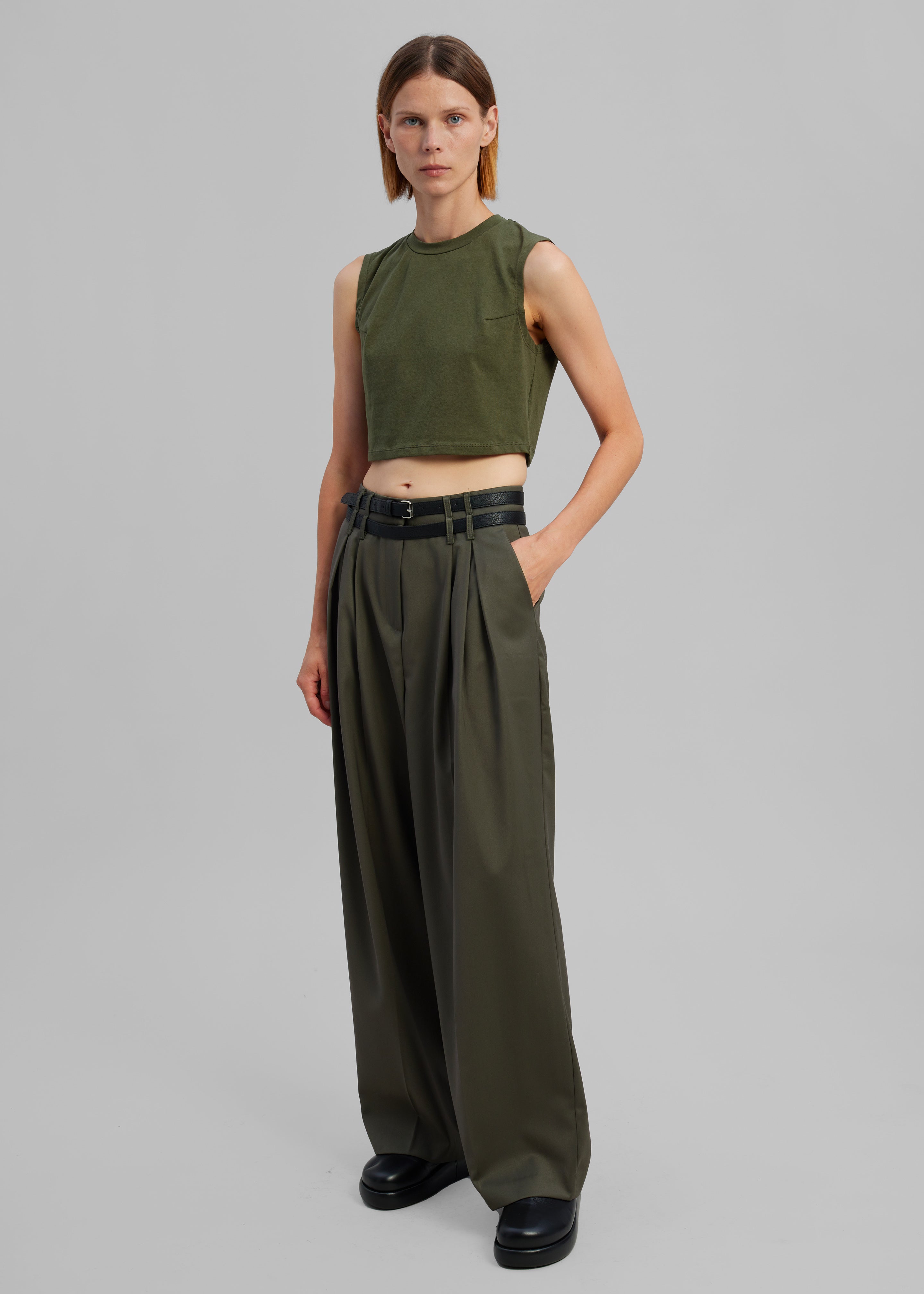 Nellie Belted Pleated Pants - Olive - 9