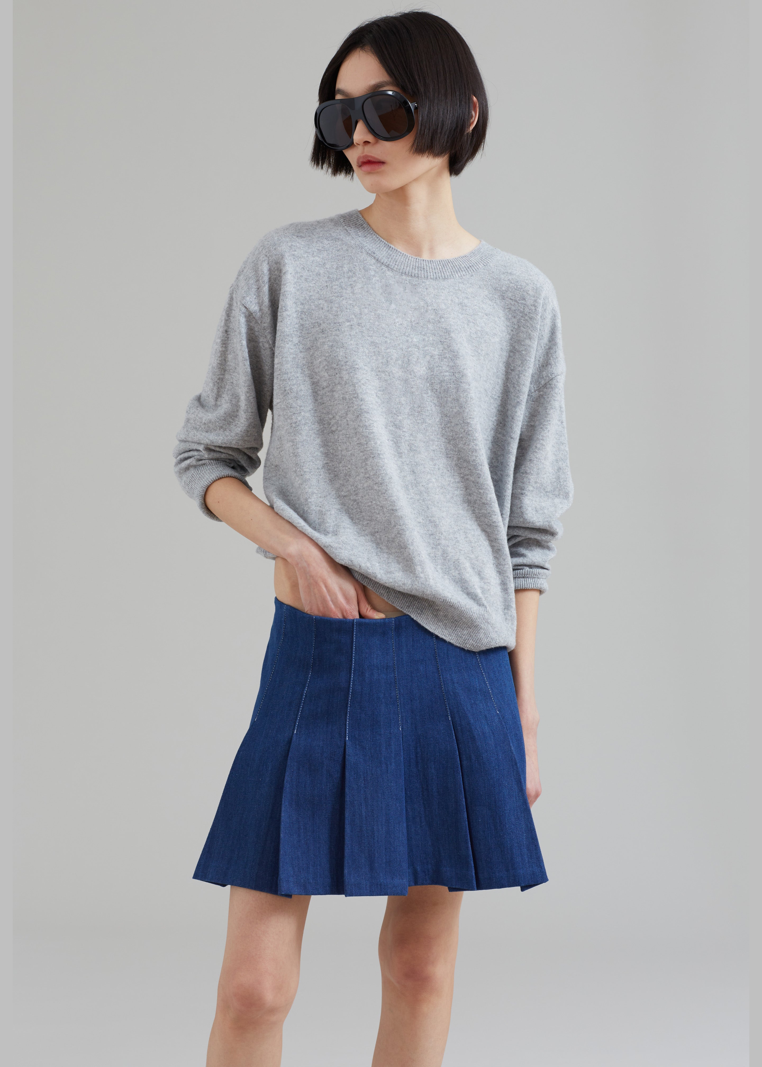 Sase Pleated Denim Skirt - Blue - 5