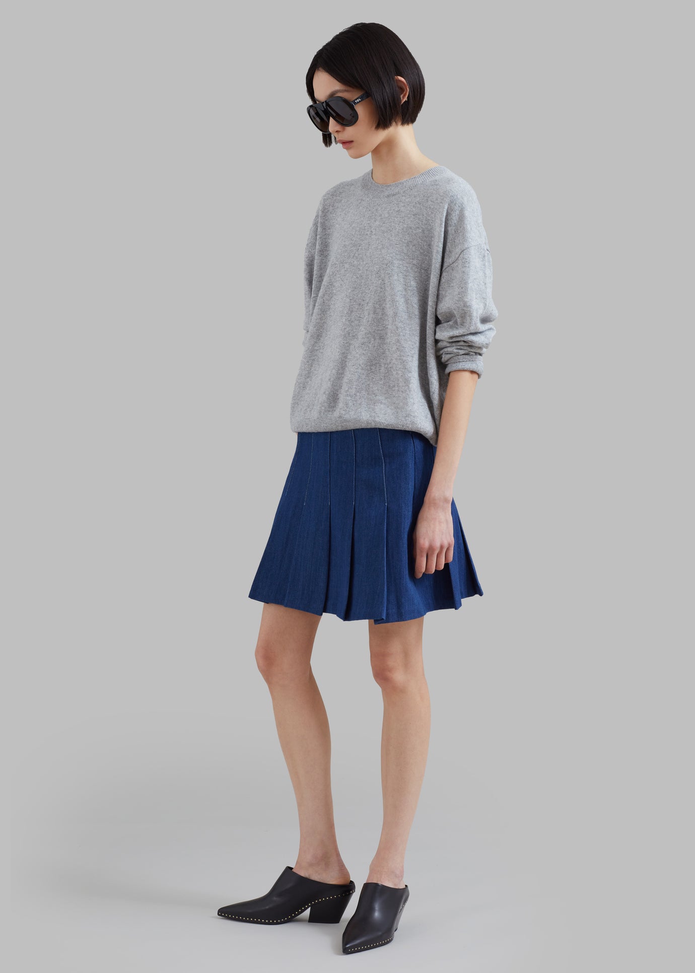 Sase Pleated Denim Skirt - Blue