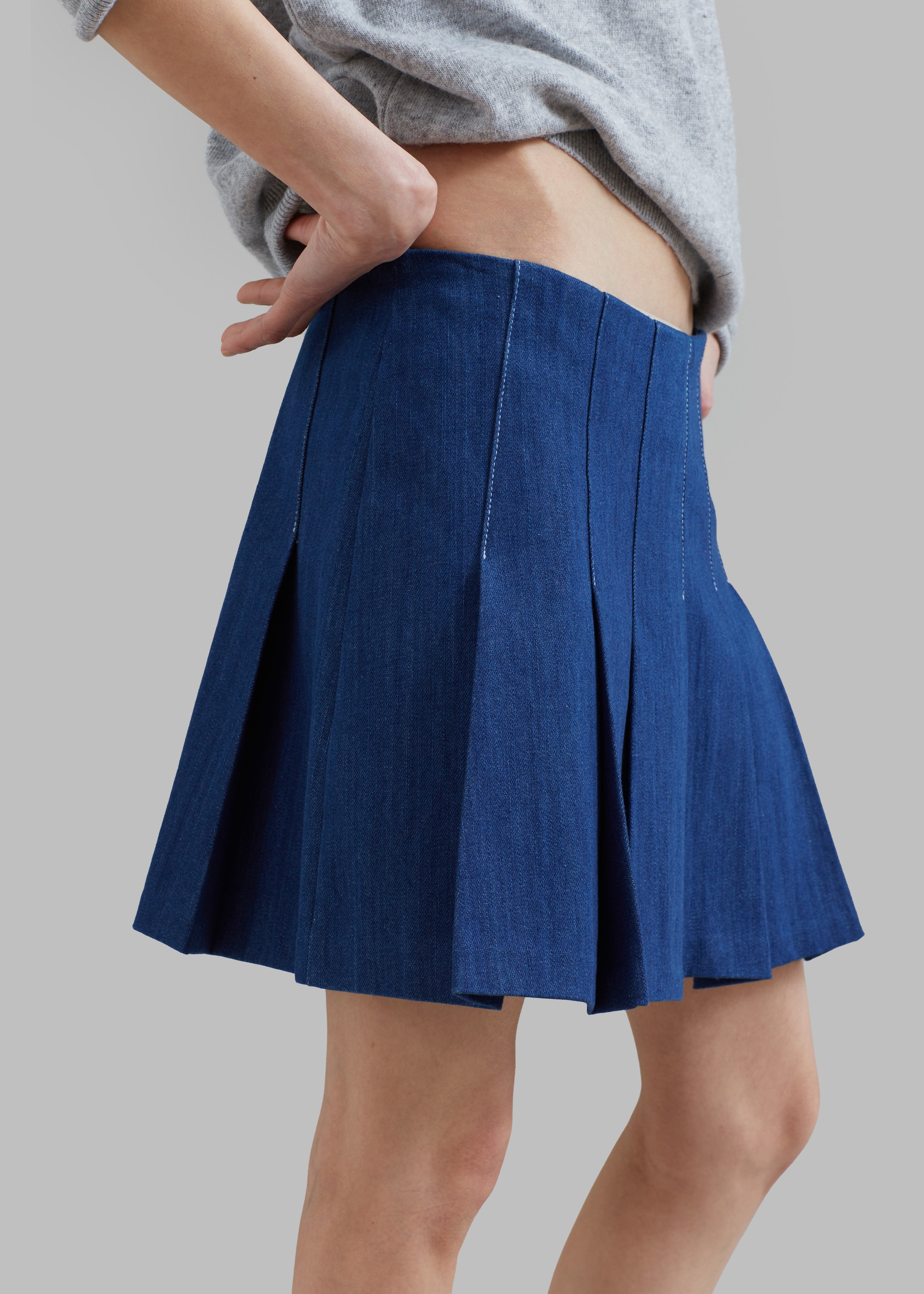 Sase Pleated Denim Skirt - Blue - 4