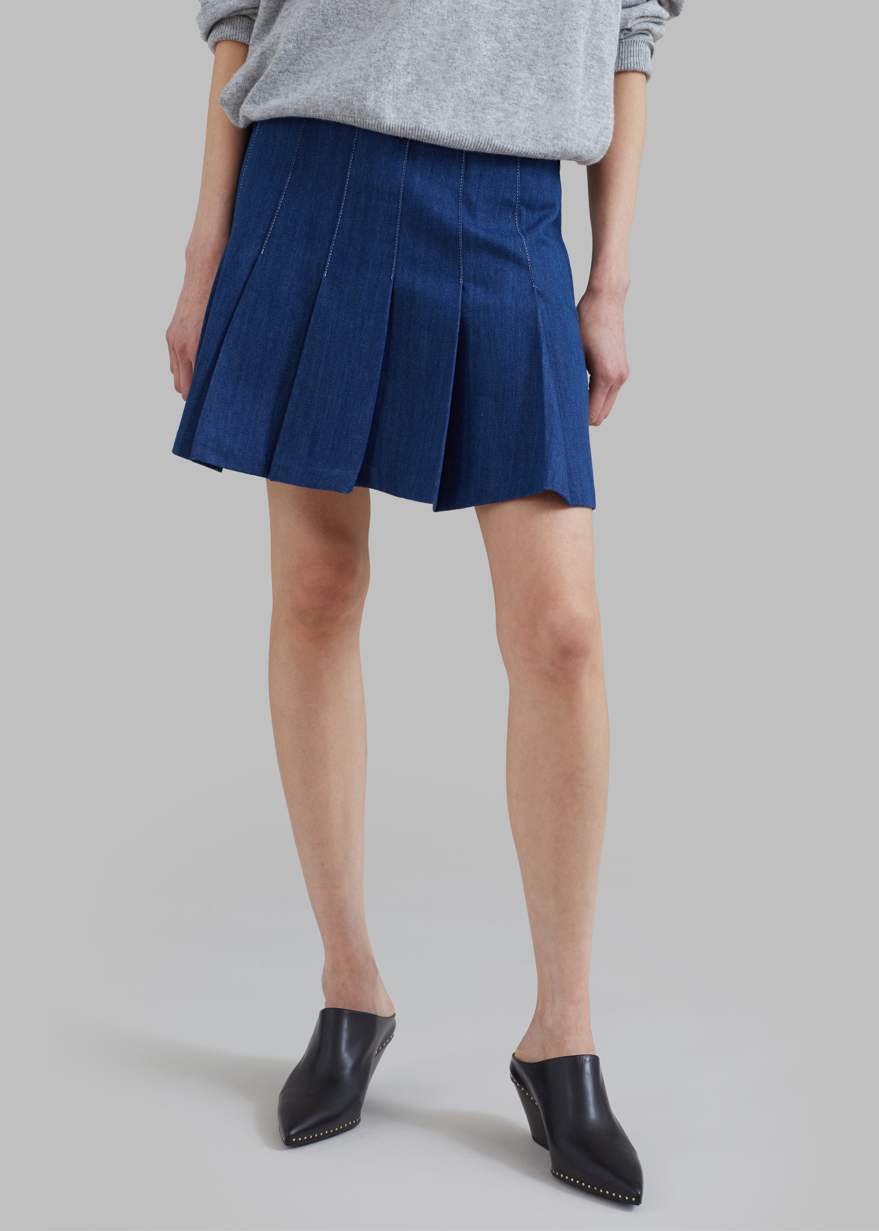 Sase Pleated Denim Skirt - Blue - 3