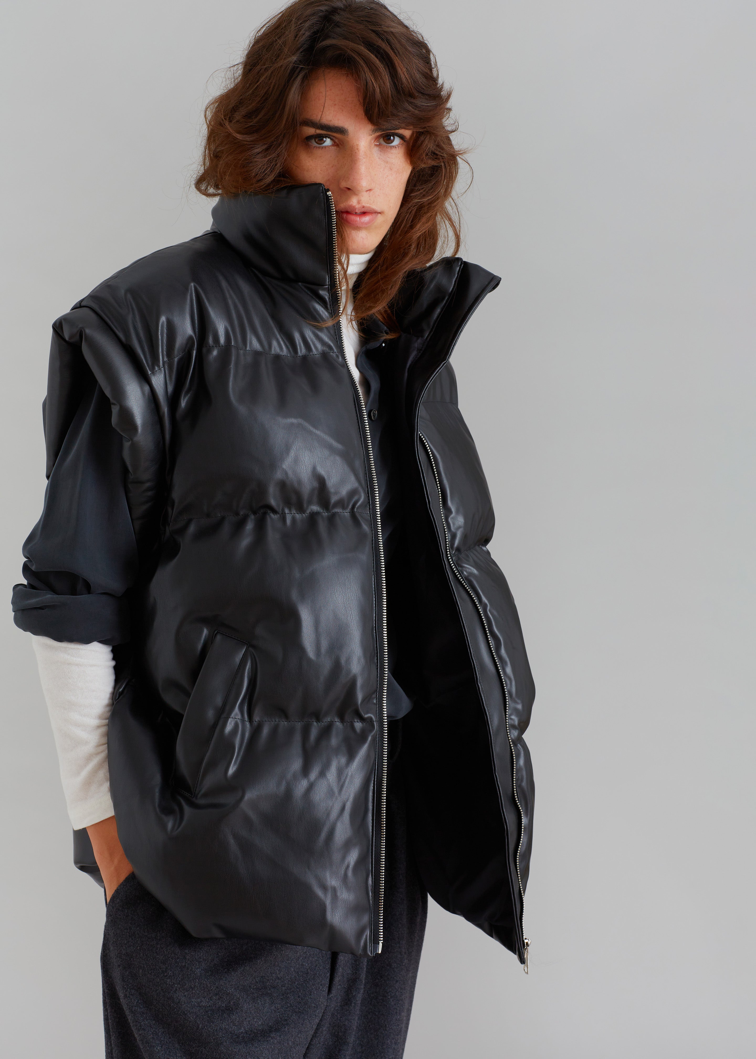 Seray Faux Leather Puffer Vest - Black - 3