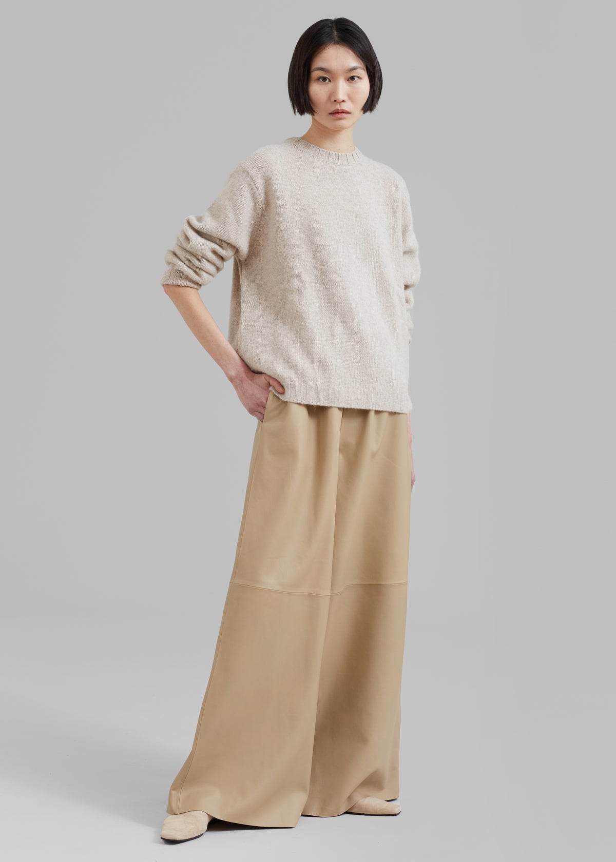 Sydney Wide Leather Pants - Beige - 7