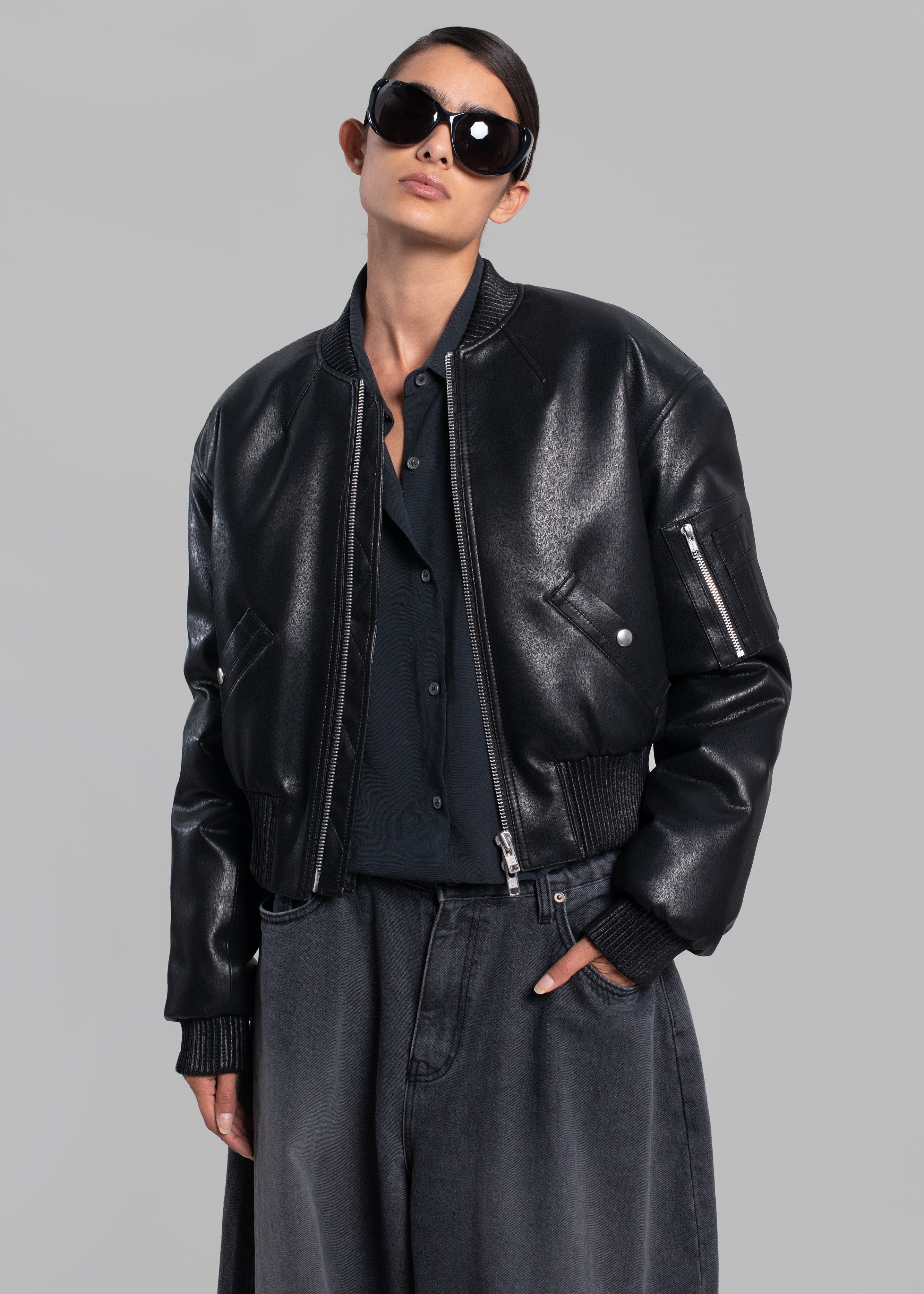 Sille Faux-Leather Cropped Bomber - Black - 10