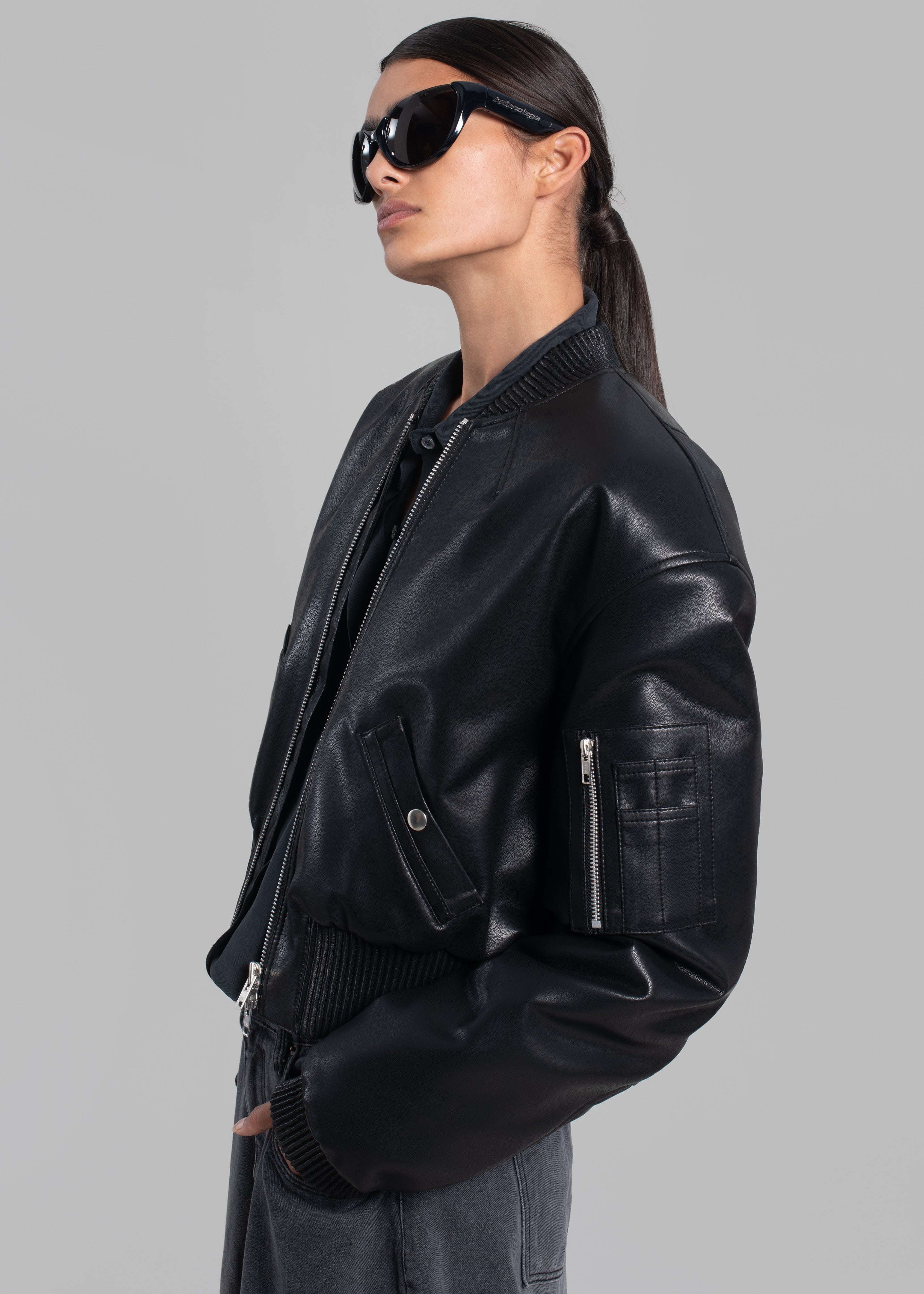 Sille Faux-Leather Cropped Bomber - Black - 3