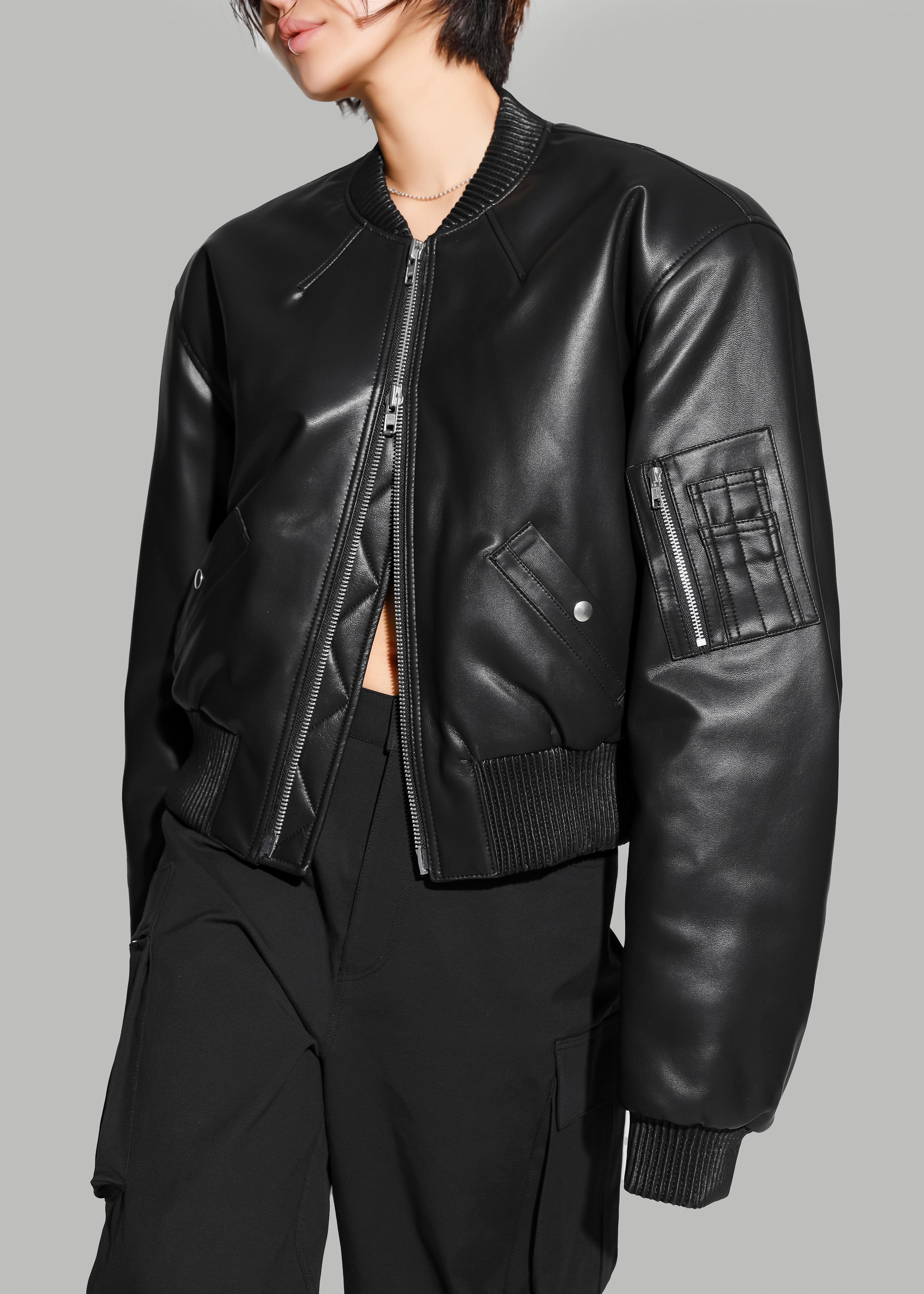Sille Faux-Leather Cropped Bomber - Black - 11