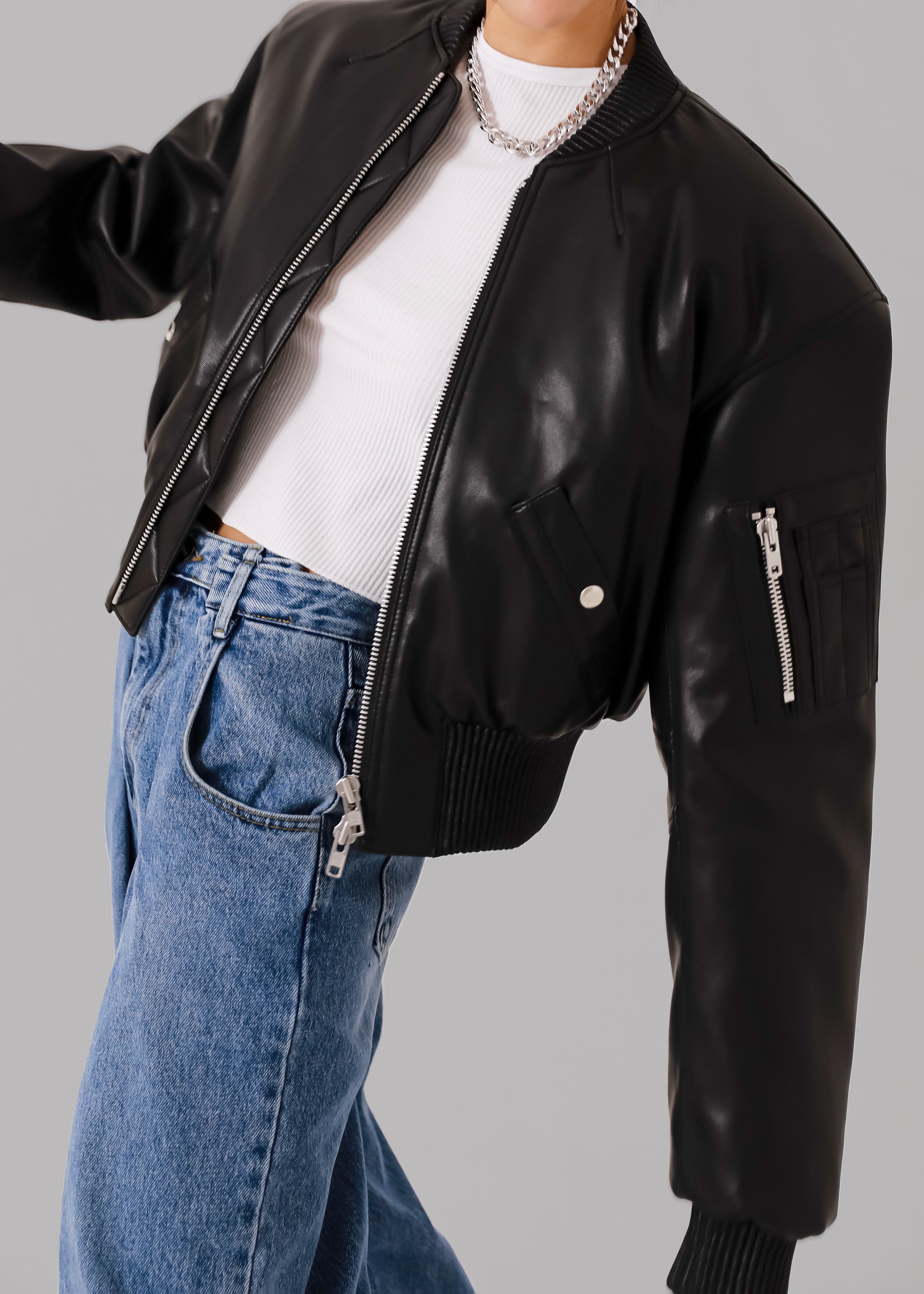 Sille Faux-Leather Cropped Bomber - Black - 2