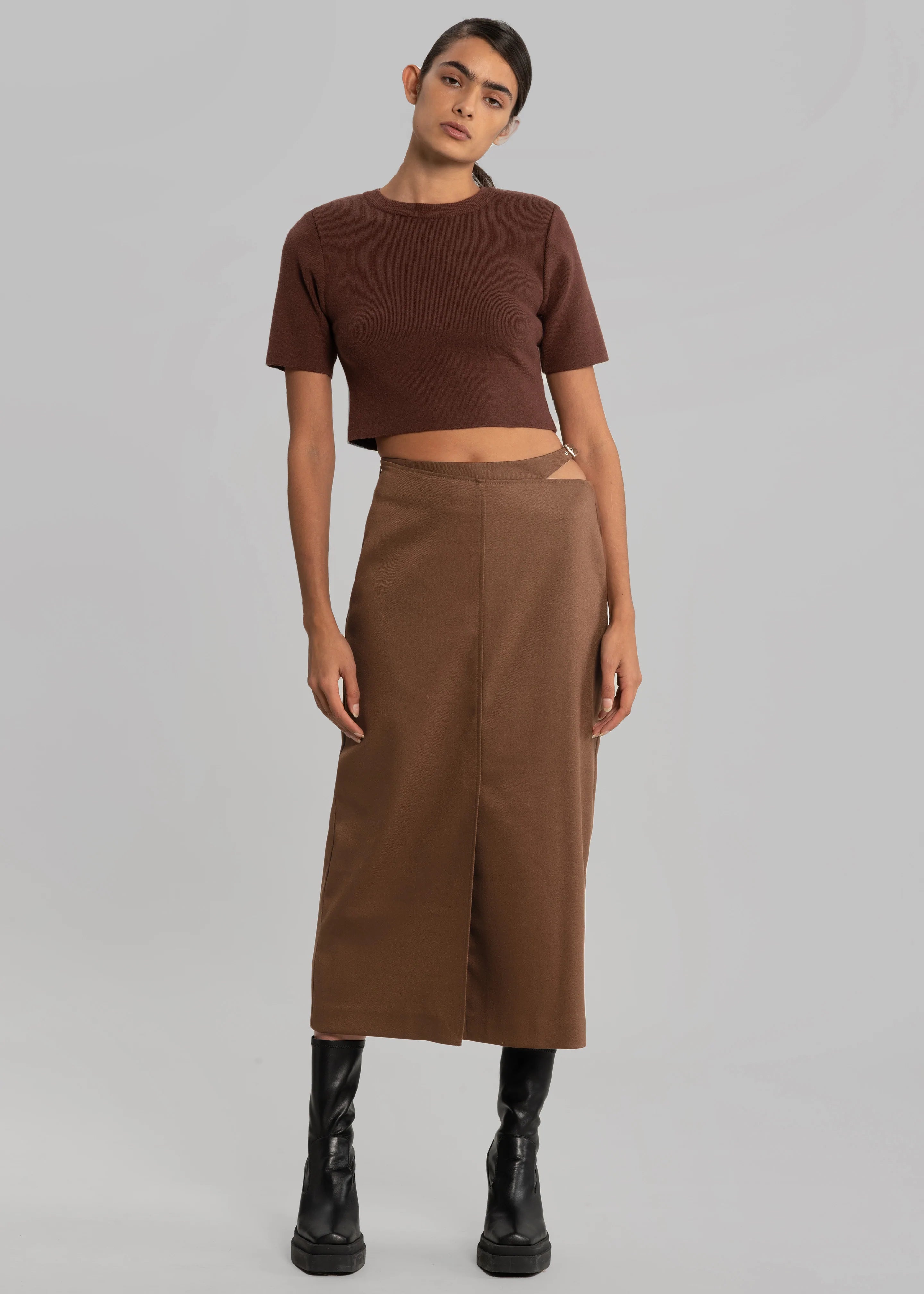 Stacia Cut Out Midi Skirt - Brown - 11