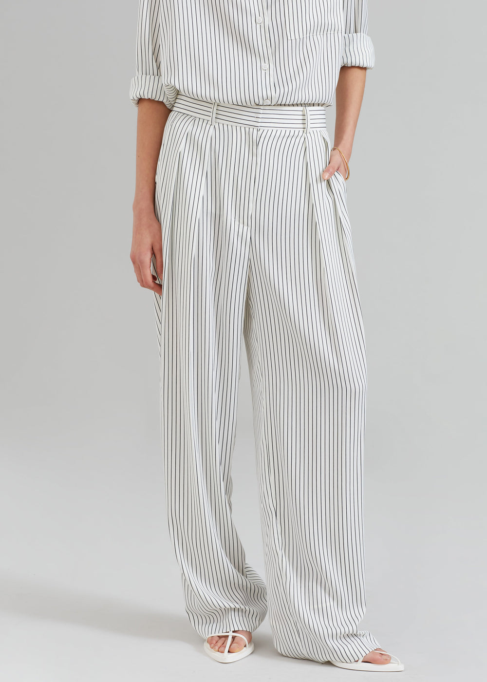 Tansy Satin Pants - White Pinstripe - 1