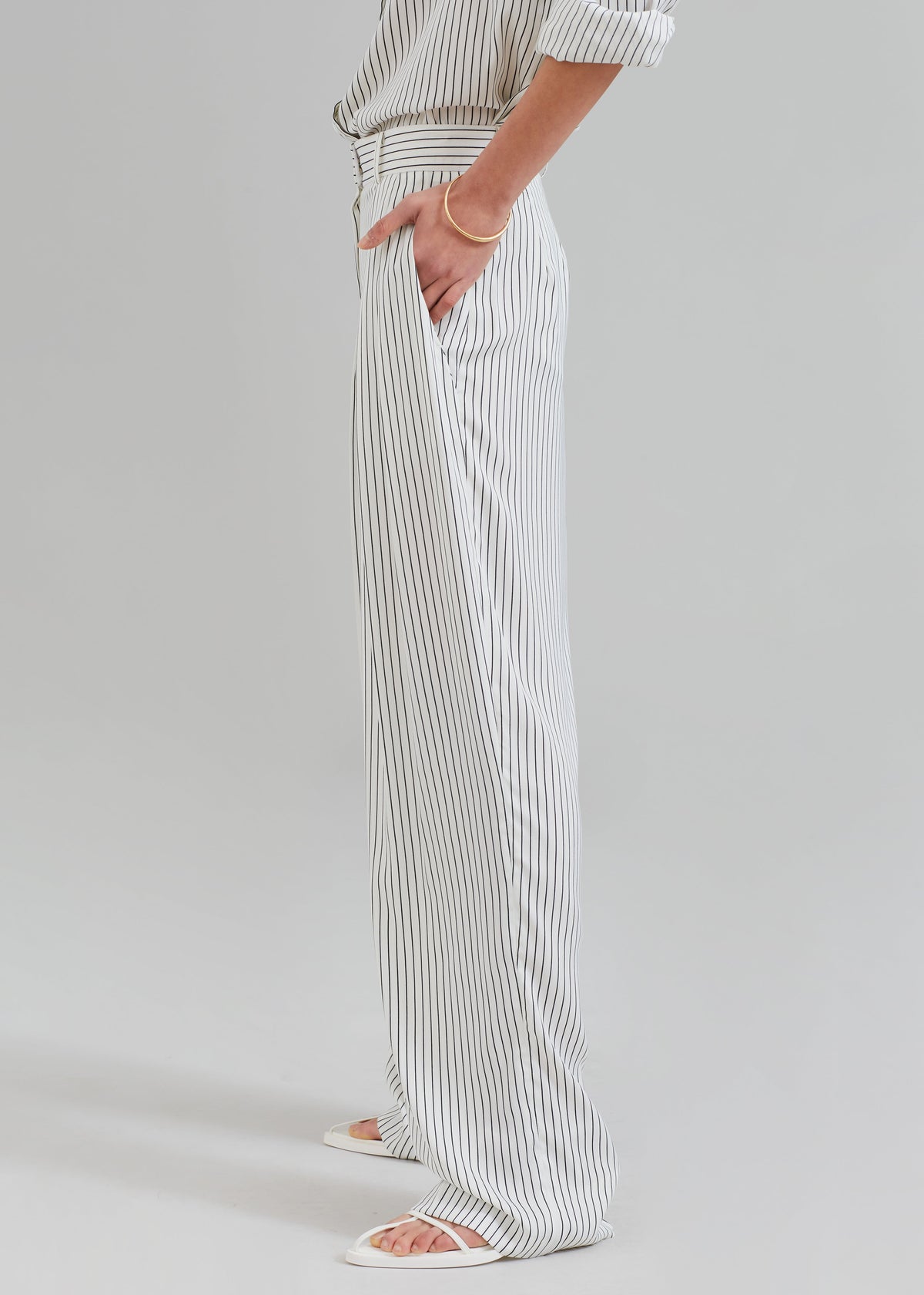 Tansy Satin Pants - White Pinstripe - 5