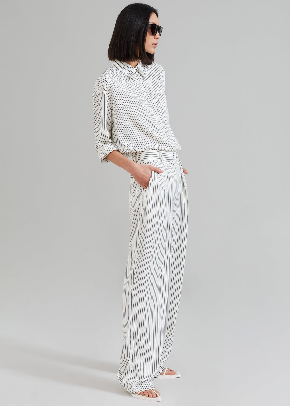 Tansy Satin Pants - White Pinstripe - 3