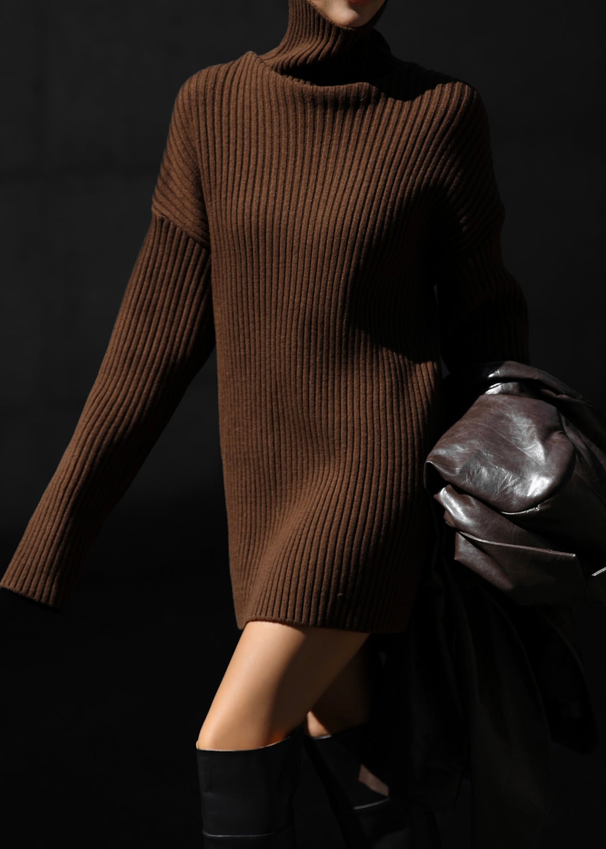 Thelma Ribbed Sweater Dress - Brown - 1