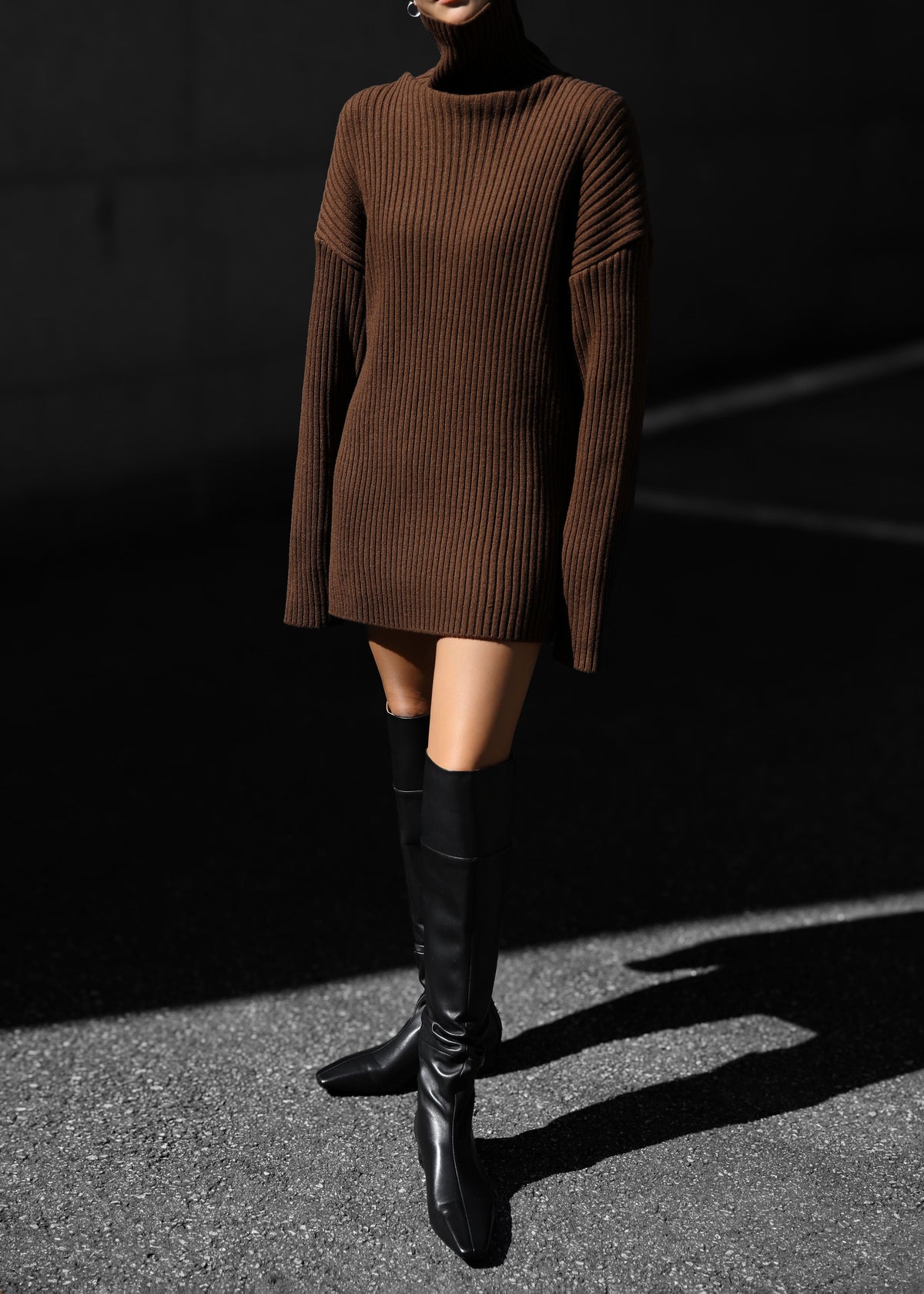 Thelma Ribbed Sweater Dress - Brown - 2