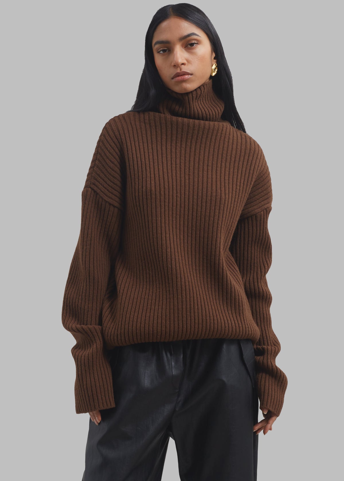 Thelma Ribbed Sweater Dress - Brown - 4