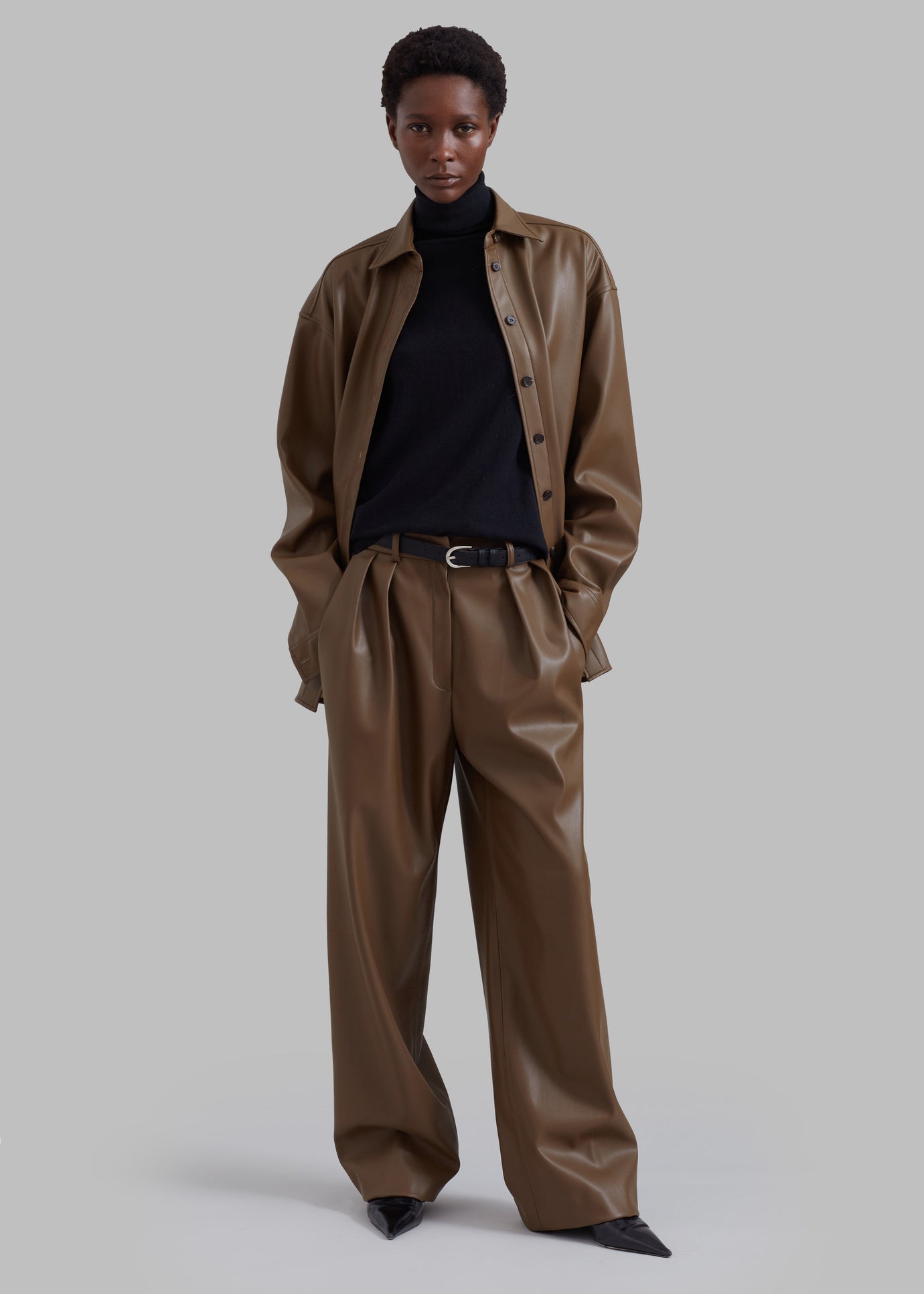 Tranton Faux Leather Pants - Brown - 1