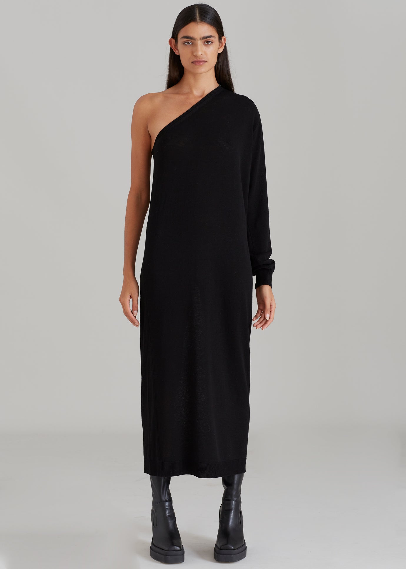 Lina One Shoulder Loose Knit Dress - Black