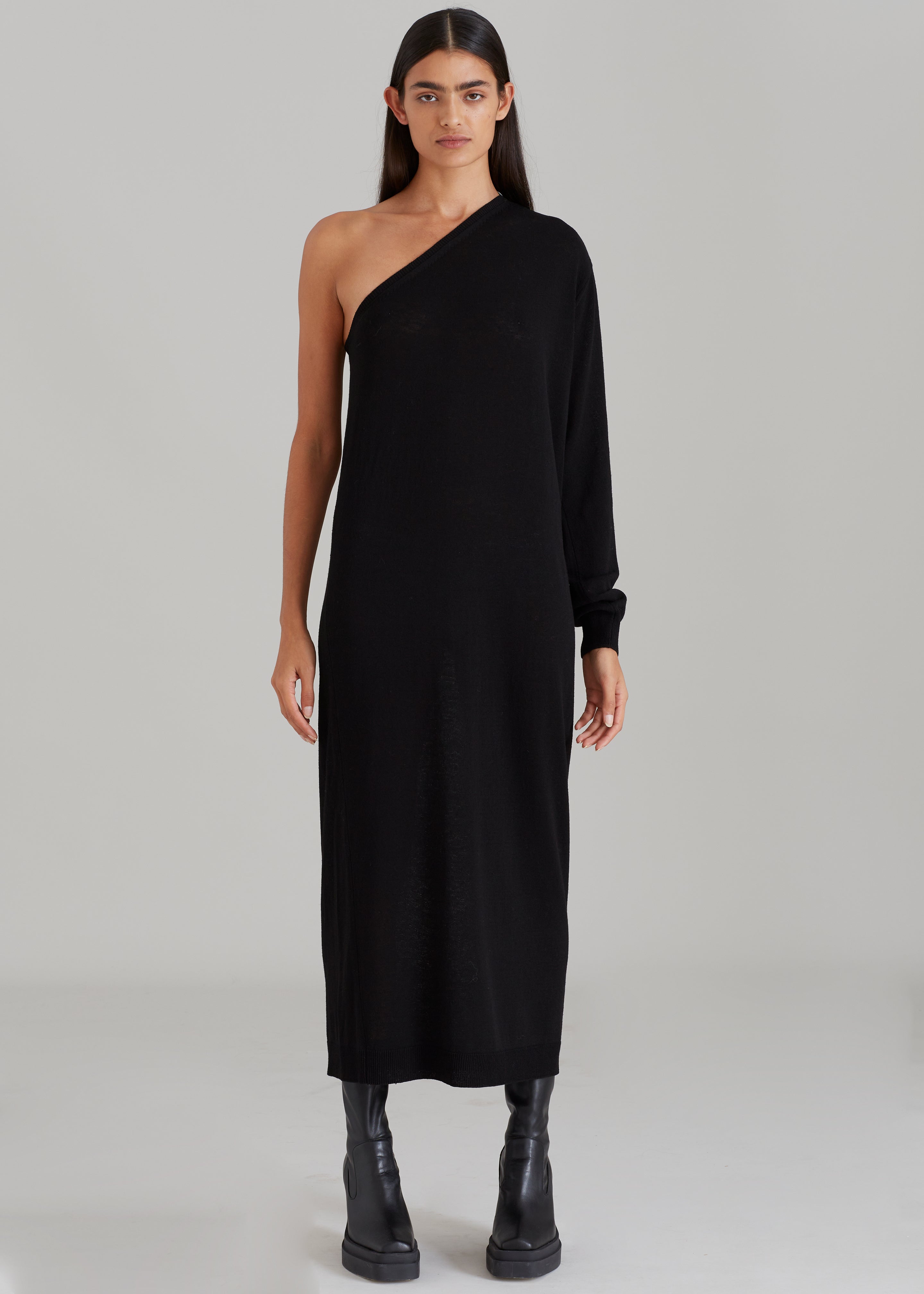 Lina One Shoulder Loose Knit Dress - Black - 1