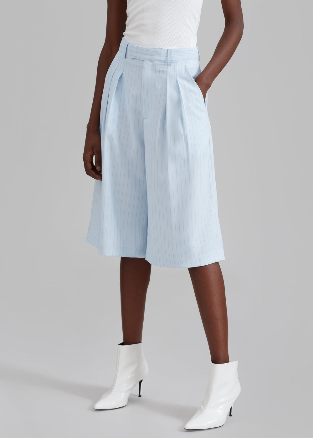 Vivian Fluid Pleated Bermuda Shorts - Blue Pinstripe - 1