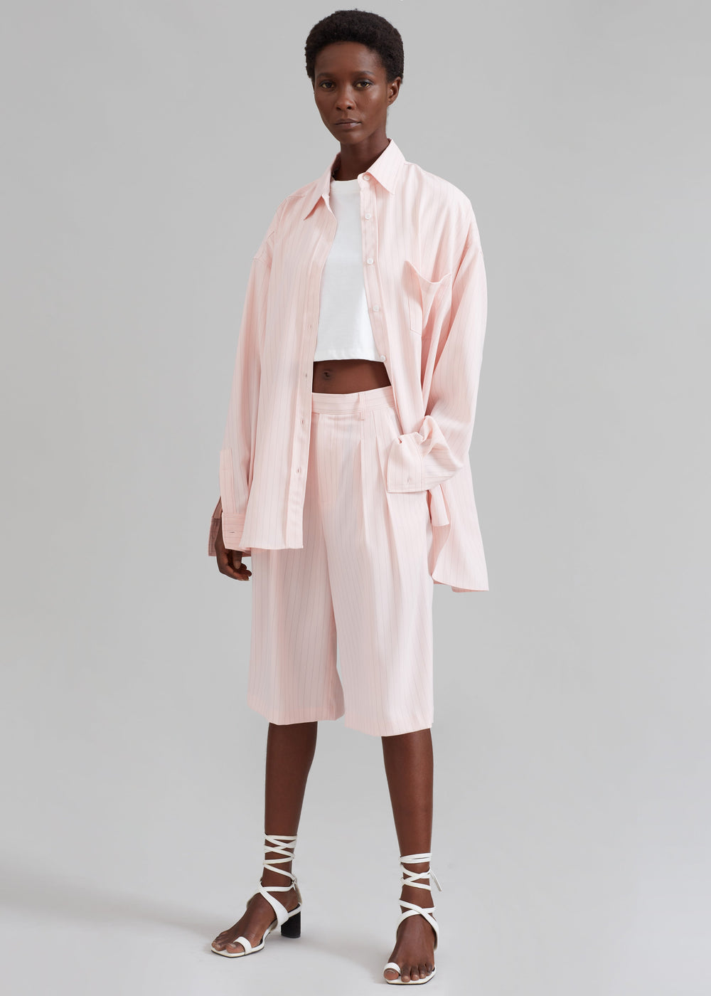 Vivian Fluid Pleated Bermuda Shorts - Pink Pinstripe